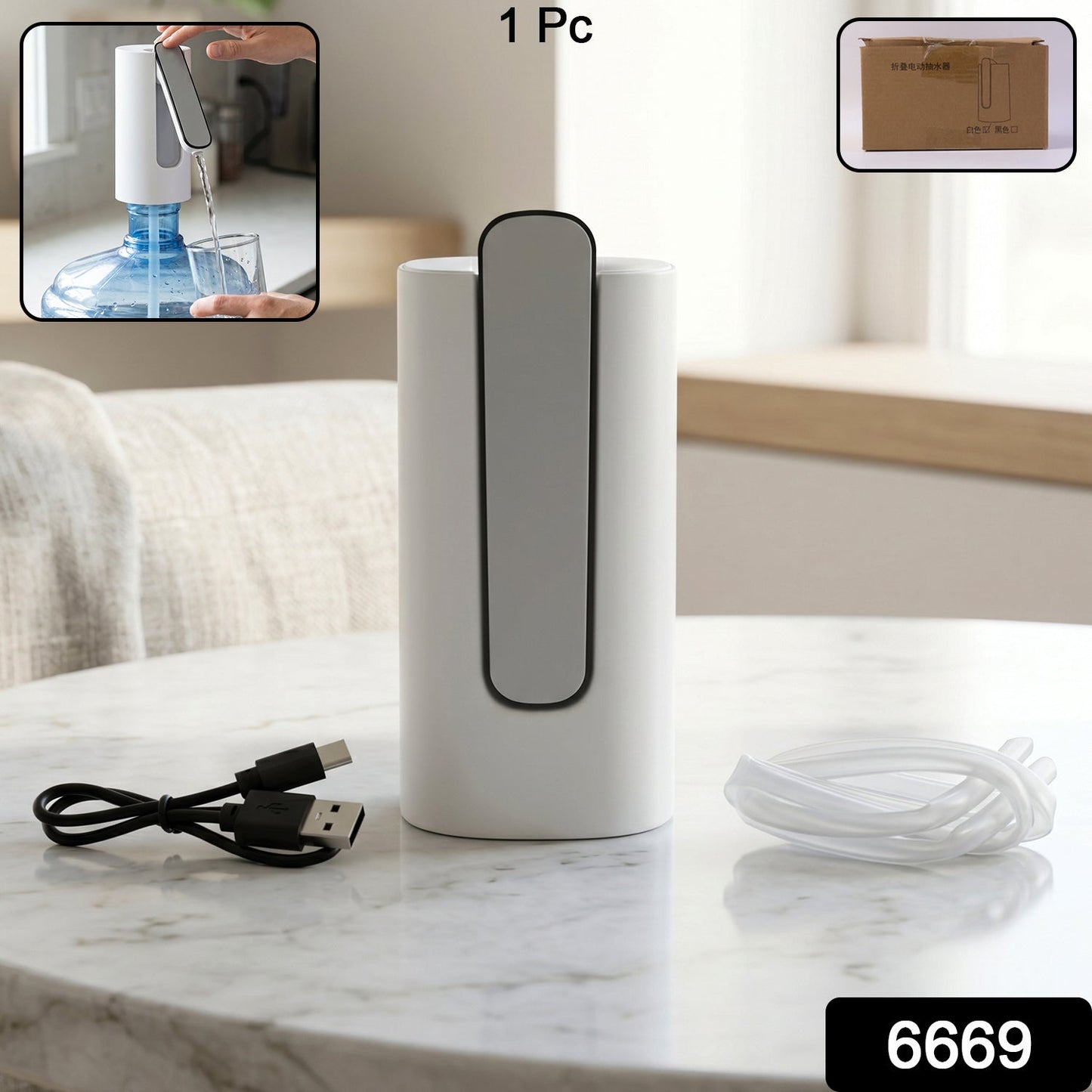 A white and grey foldable electric water dispenser pump with a USB cable and clear hose on a marble table.