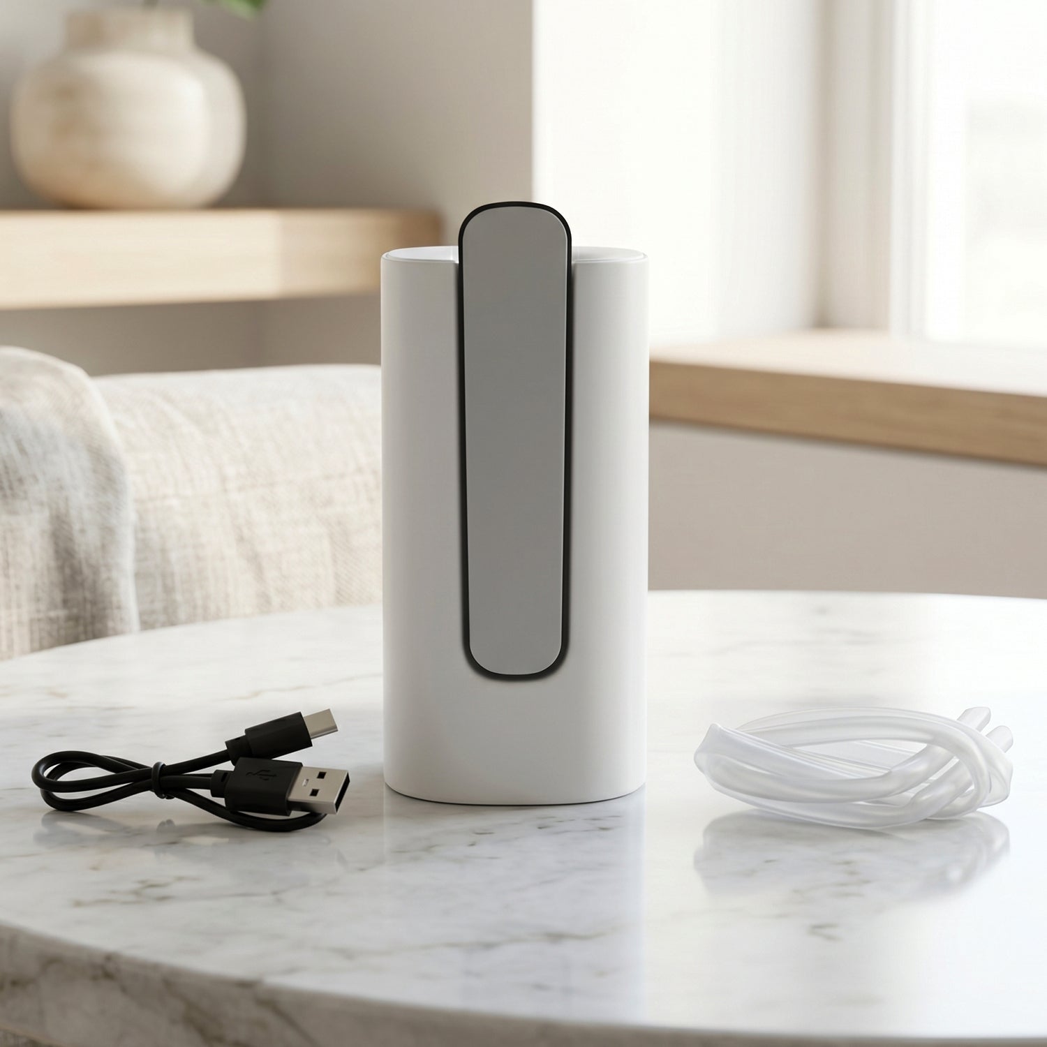 A white and gray foldable water dispenser stands on a marble table next to a coiled USB charging cable and a clear silicone