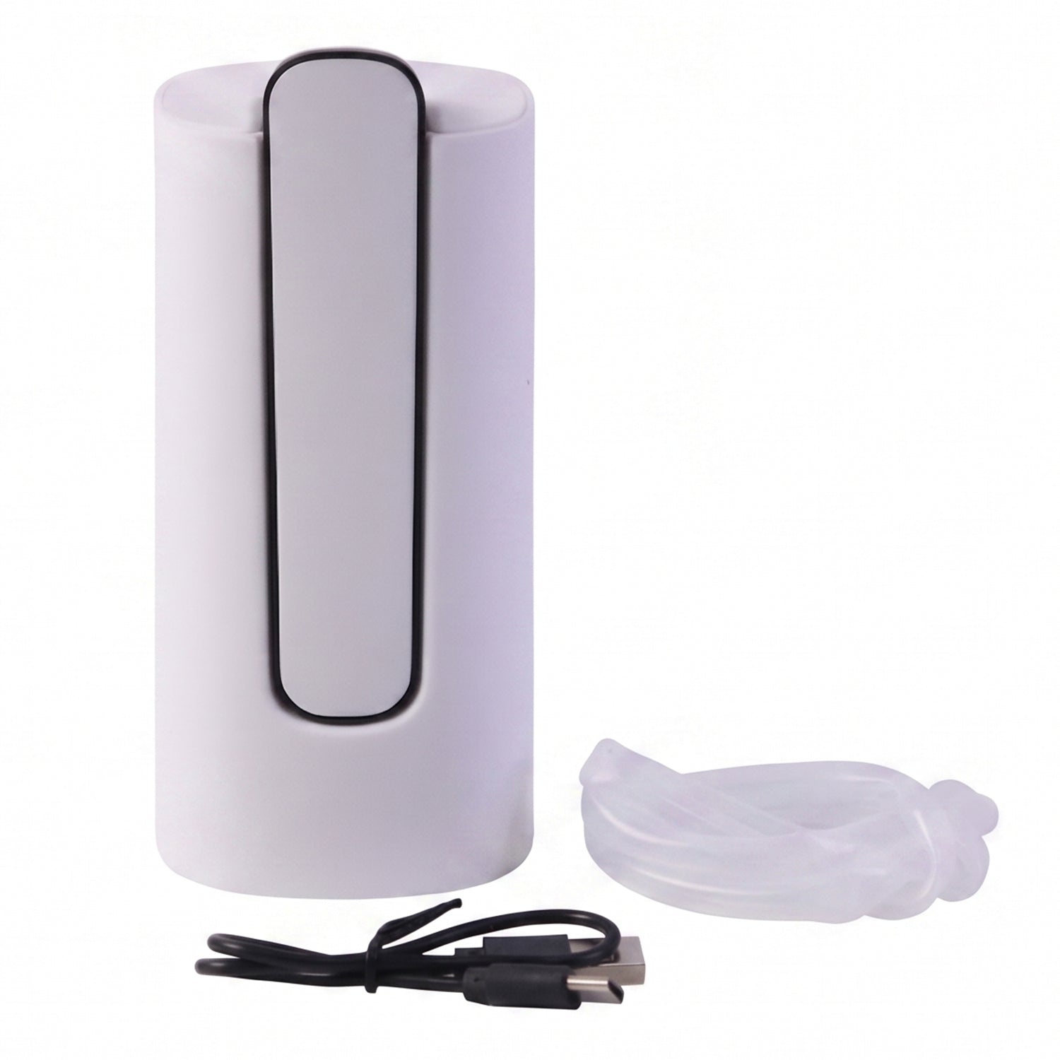 A white and grey foldable electric water dispenser pump with a black USB cable and a clear hose on a white background.
