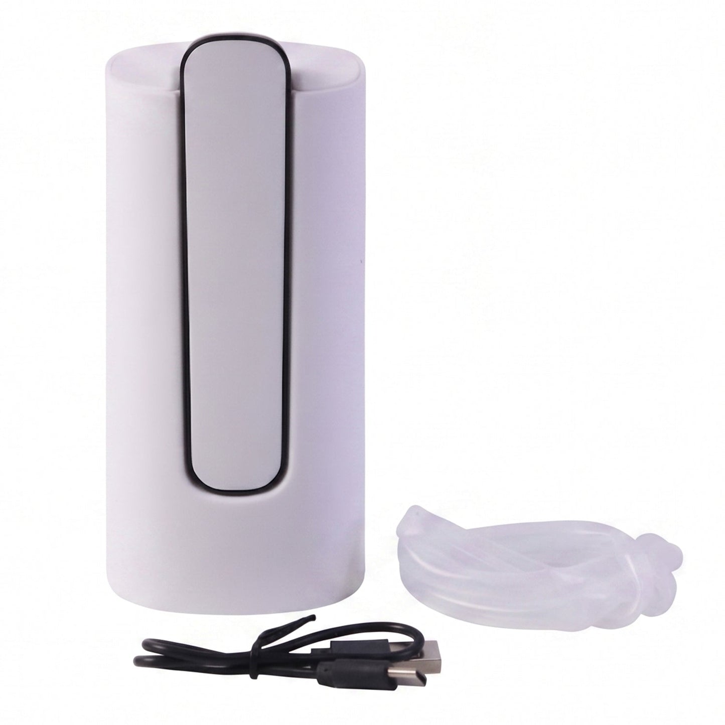 A white and gray foldable water dispenser is shown with its USB charging cable and a clear silicone hose on a white