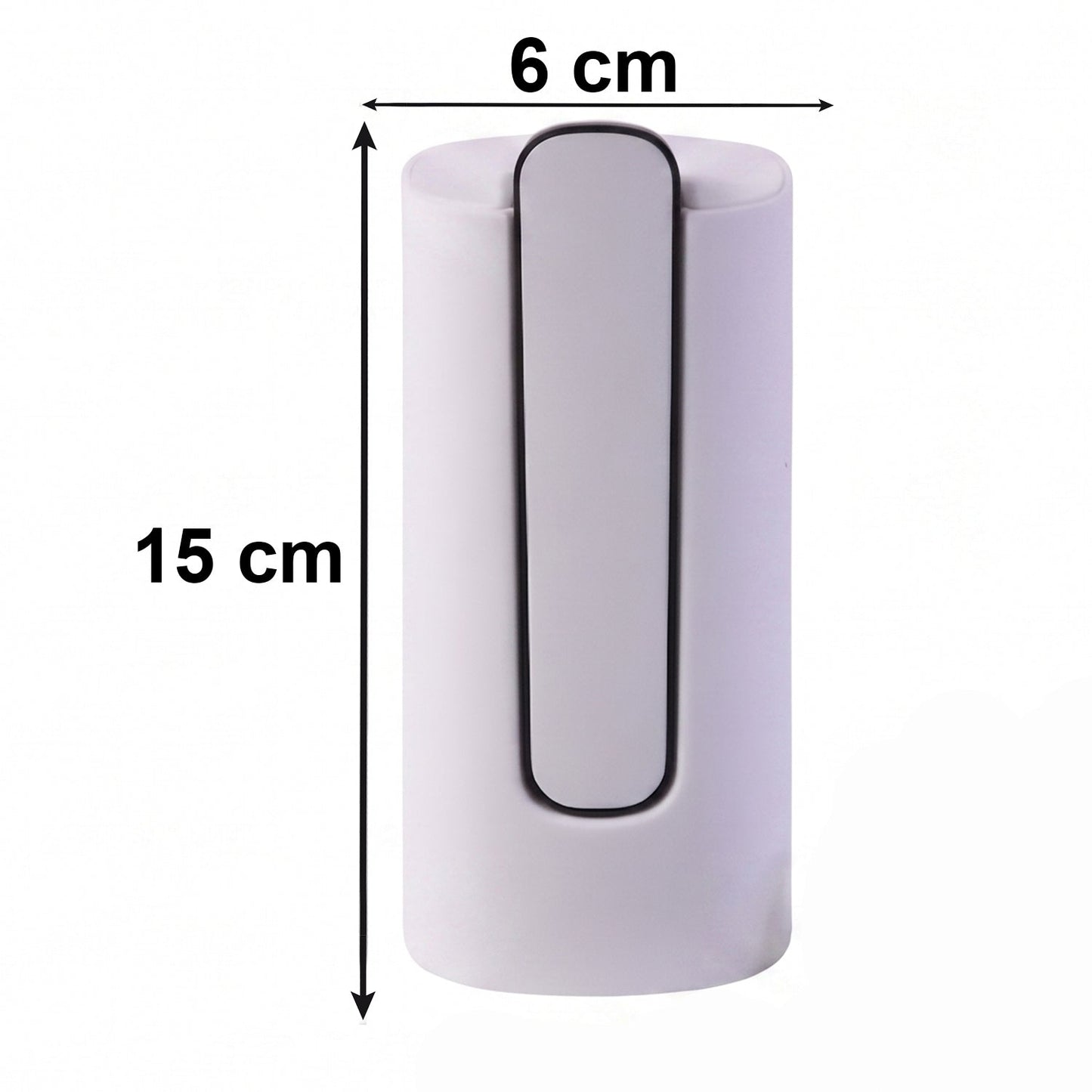 A white and gray foldable water dispenser with dimensions indicated: 15 cm height and 6 cm width.