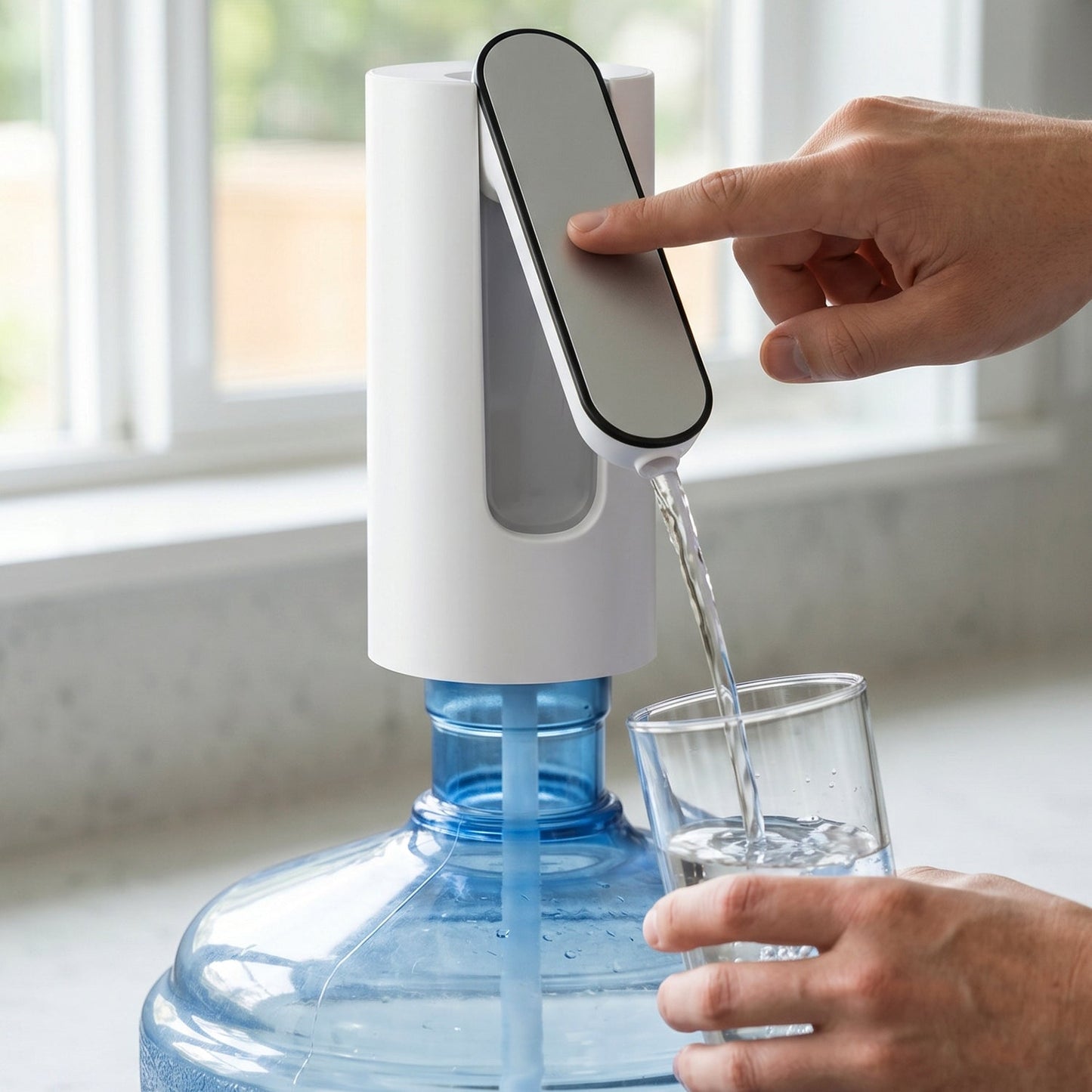 A person's hand presses a button on a white and gray foldable water dispenser, filling a glass with water from large