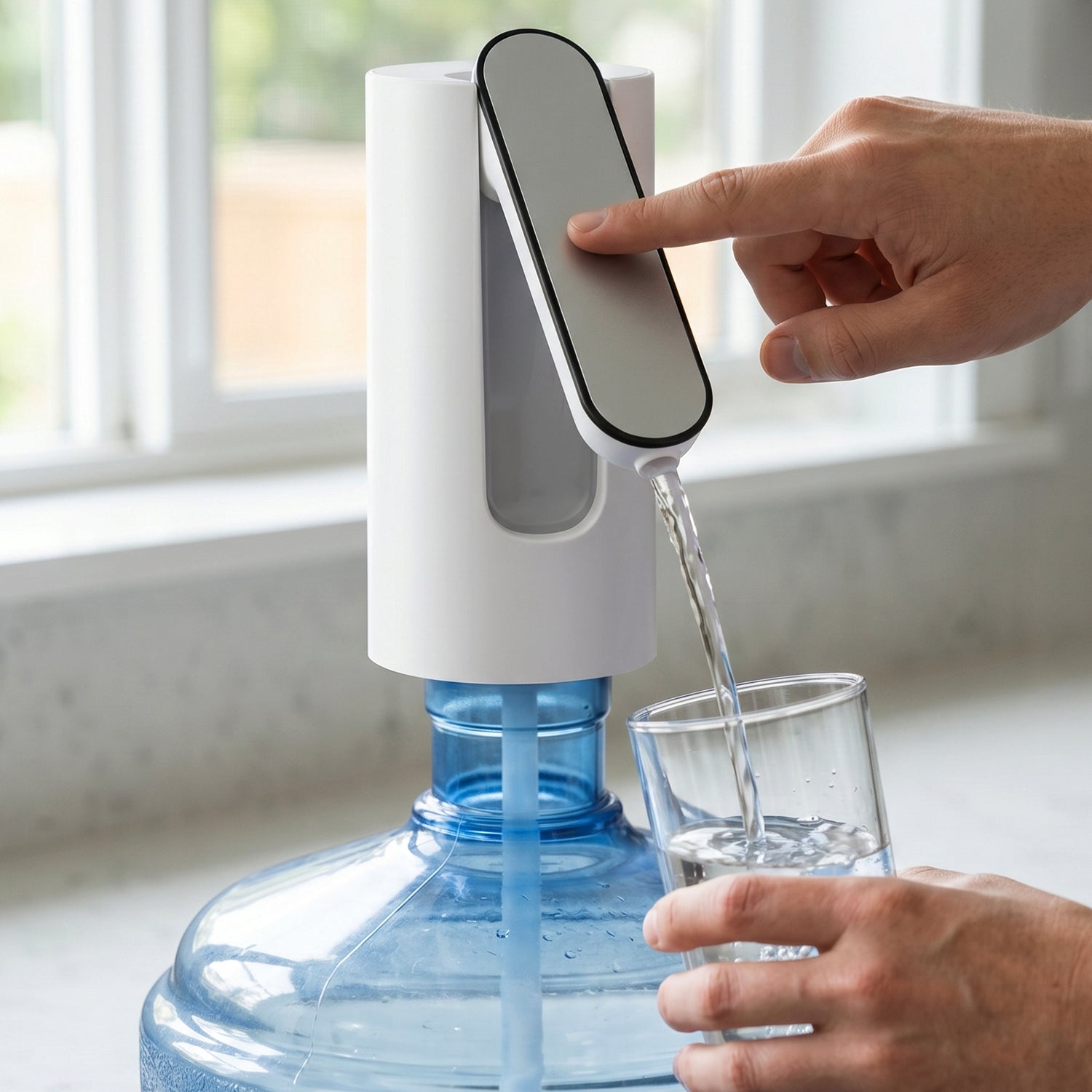 A person's hand presses a button on a white and gray foldable water dispenser, filling a glass with water from large
