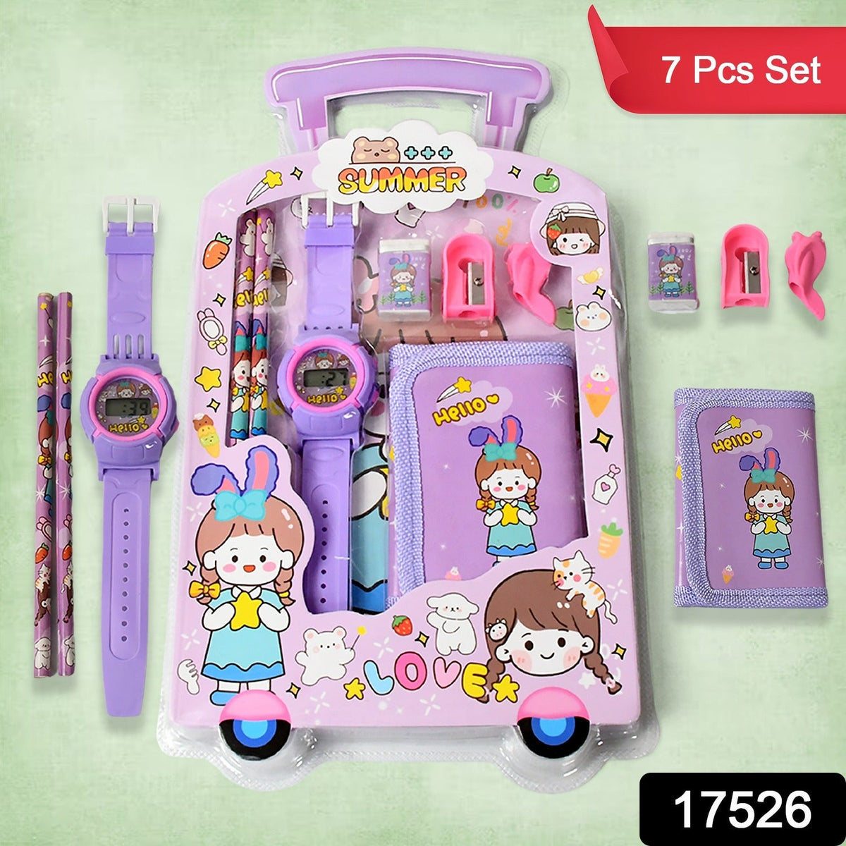 Purple 7-in-1 stationery set for kids with pencils, watch, eraser and sharpener