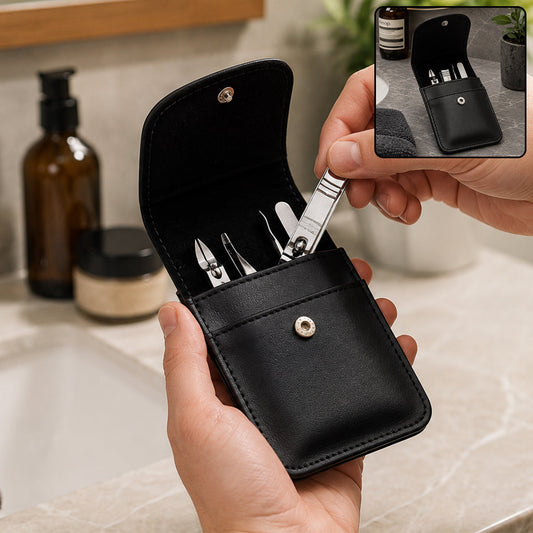 Hands holding an open black leather case with silver manicure tools inside, with a bathroom sink in the background.