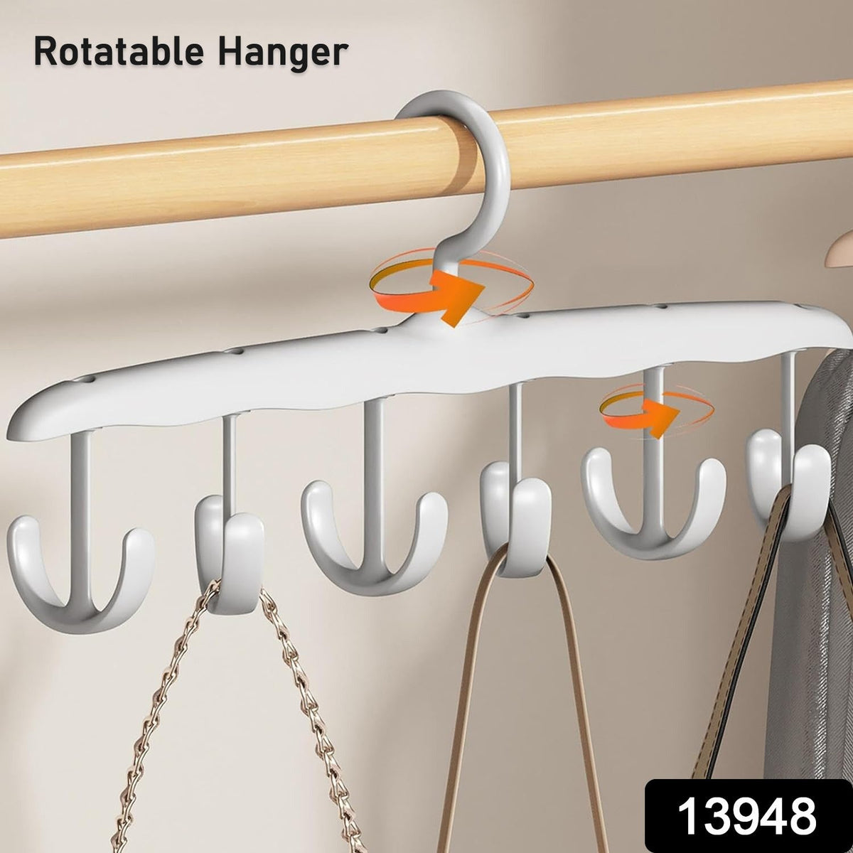 White plastic hanger with six rotating hooks, holding two bags on a wooden closet rod, with text overlay.