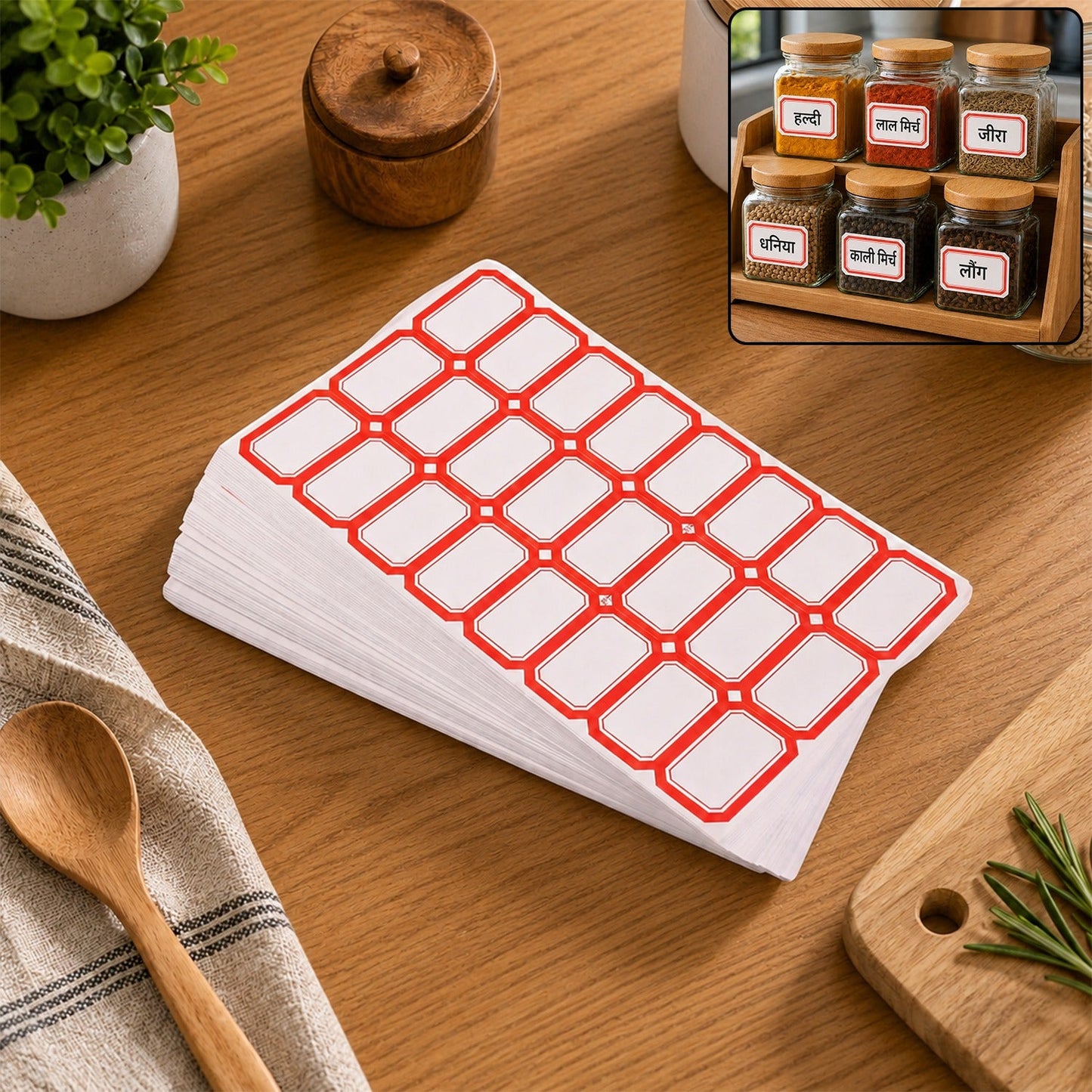Stack of white labels with red borders on a wooden table, with spice jars in the background.
