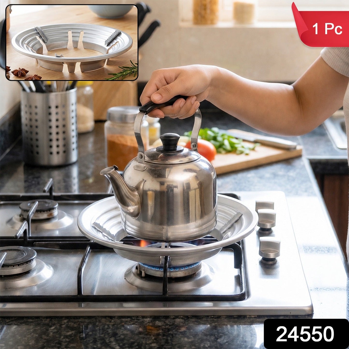 A person places a stainless steel kettle on a silver trivet over a gas stove burner, with a 1 Pc label.