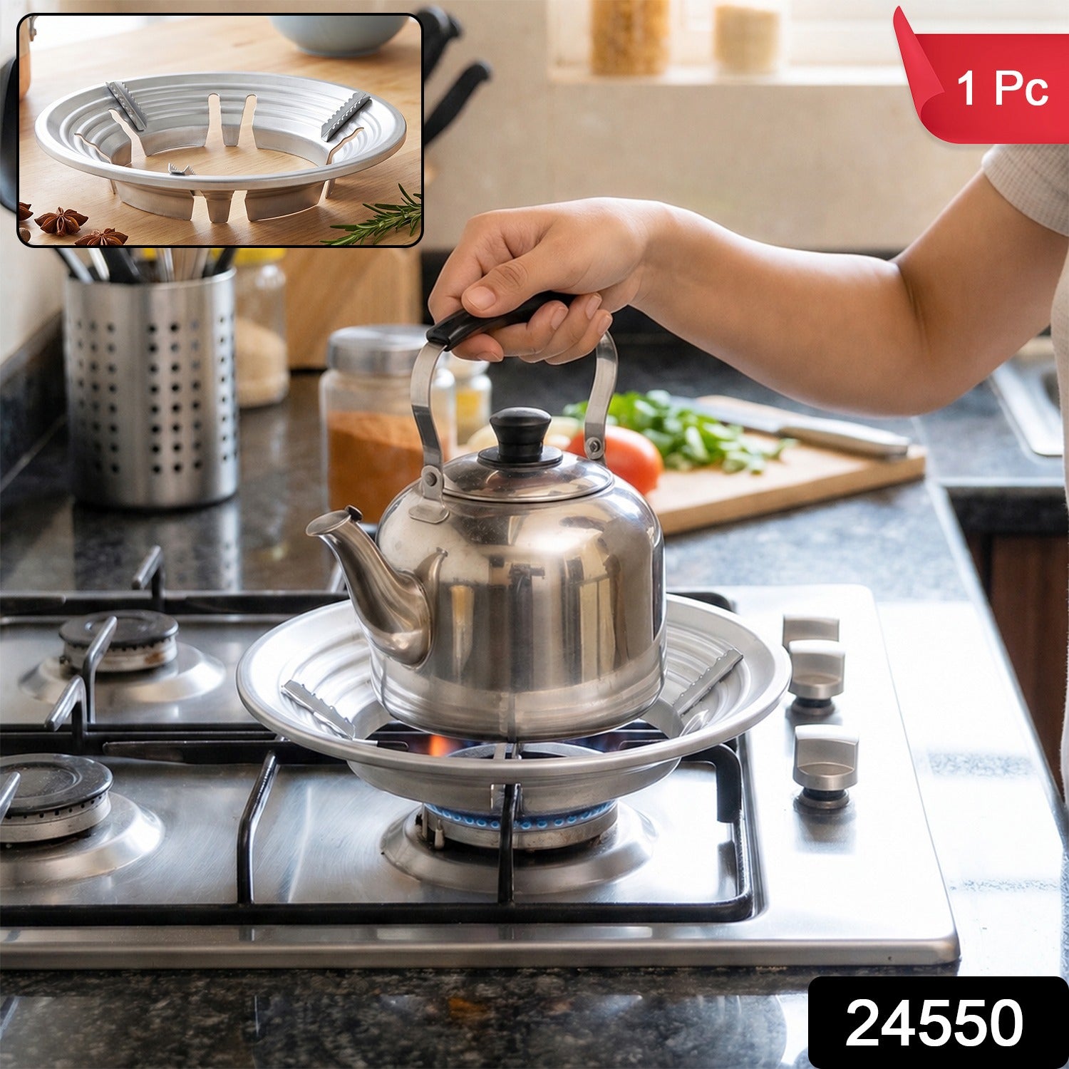 A person places a stainless steel kettle on a silver trivet over a gas stove burner, with a 1 Pc label.
