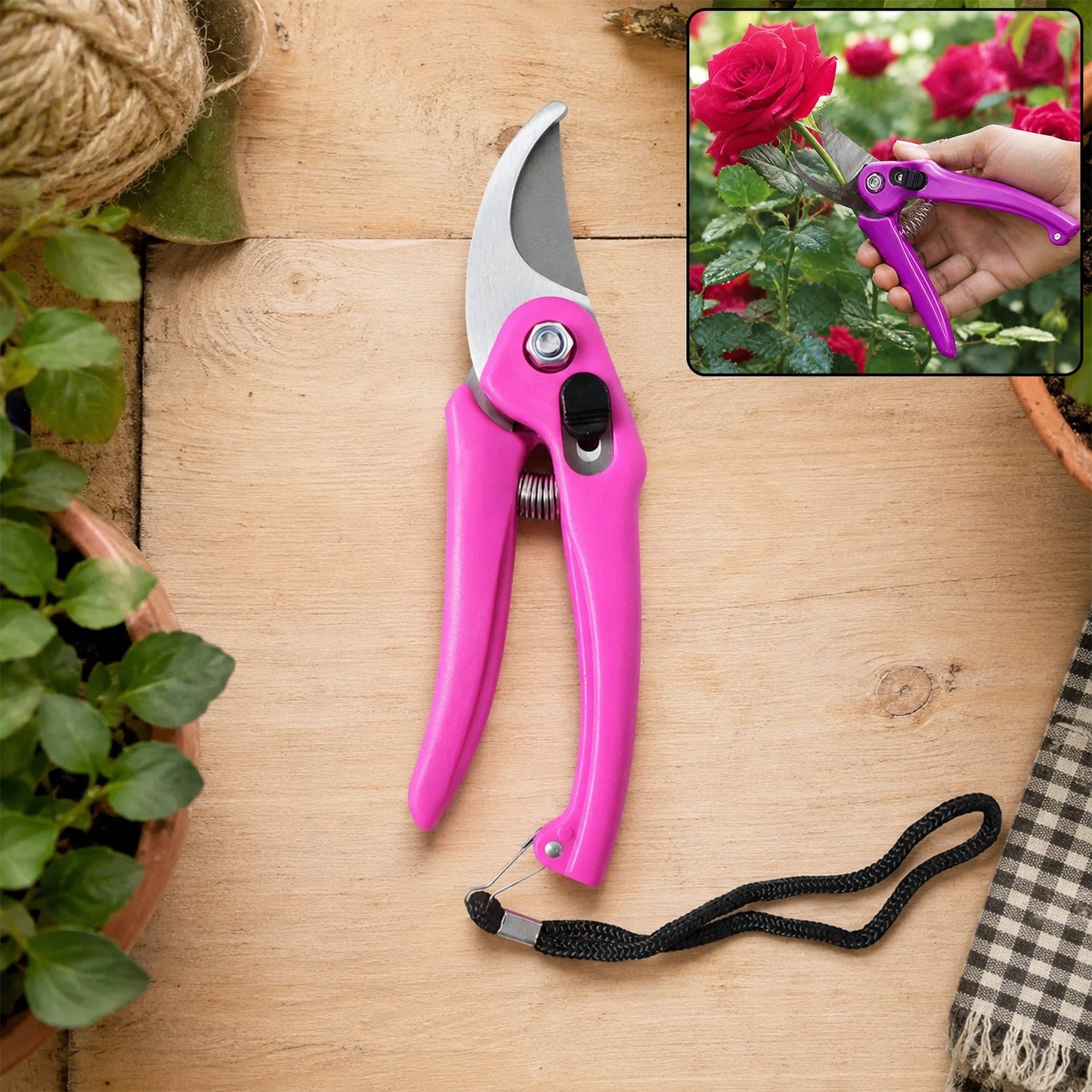 A pink garden pruner with a black wrist strap lies on a wooden surface next to potted plants and twine.