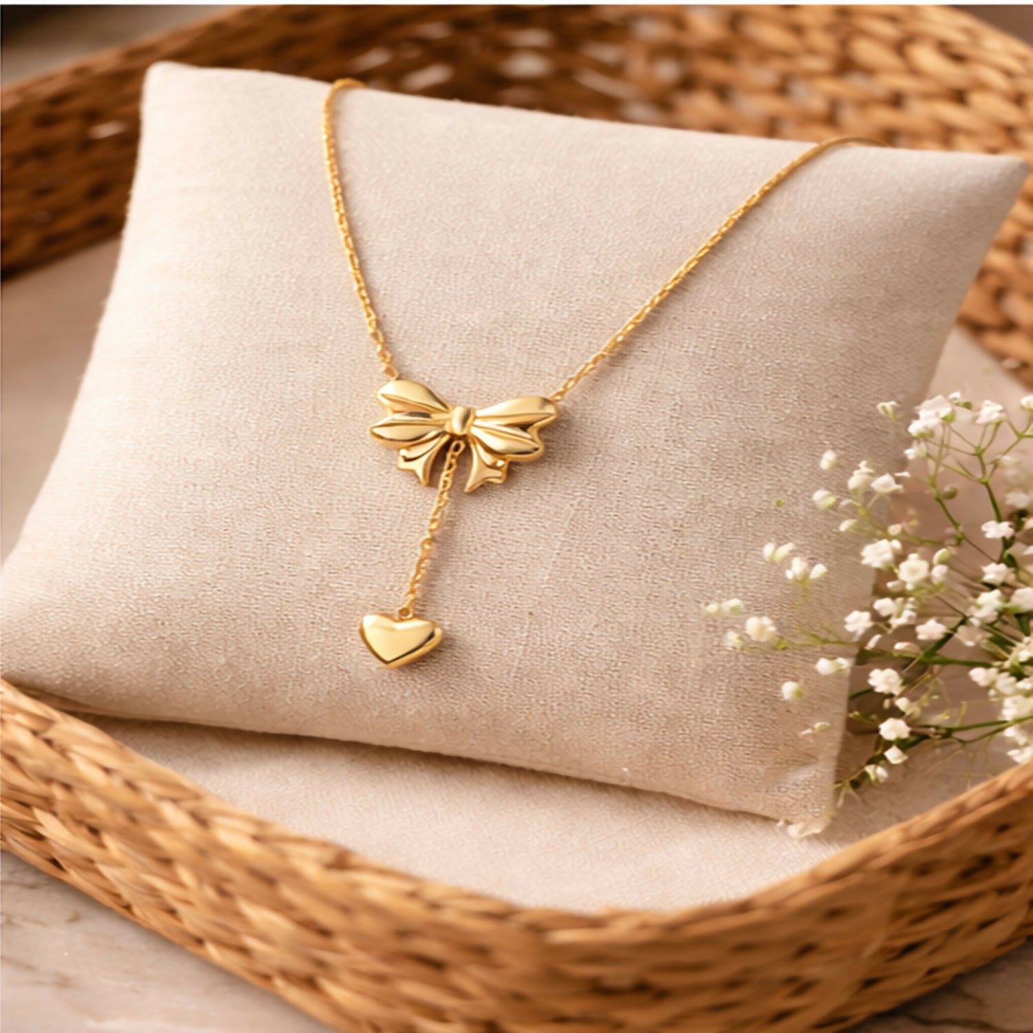 Heart Pendant Necklace for Women Delicate Chain with Bow & Heart Charm