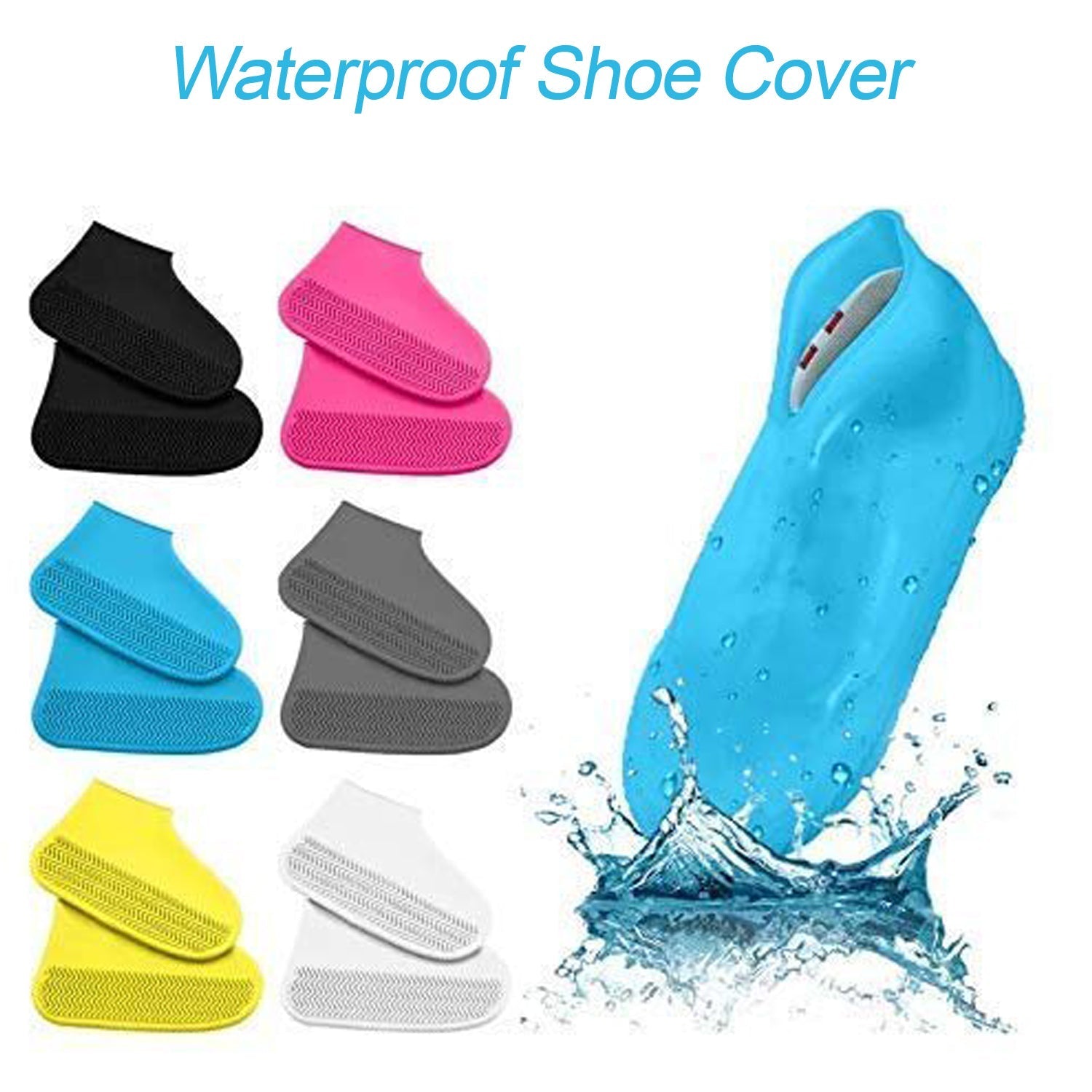 A variety of silicone shoe covers in black, pink, blue, grey, yellow, and white, with one blue cover splashing in water.