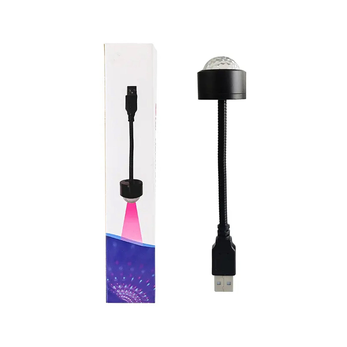 A black USB star projector with a clear disco ball top is next to its white packaging on a white background.