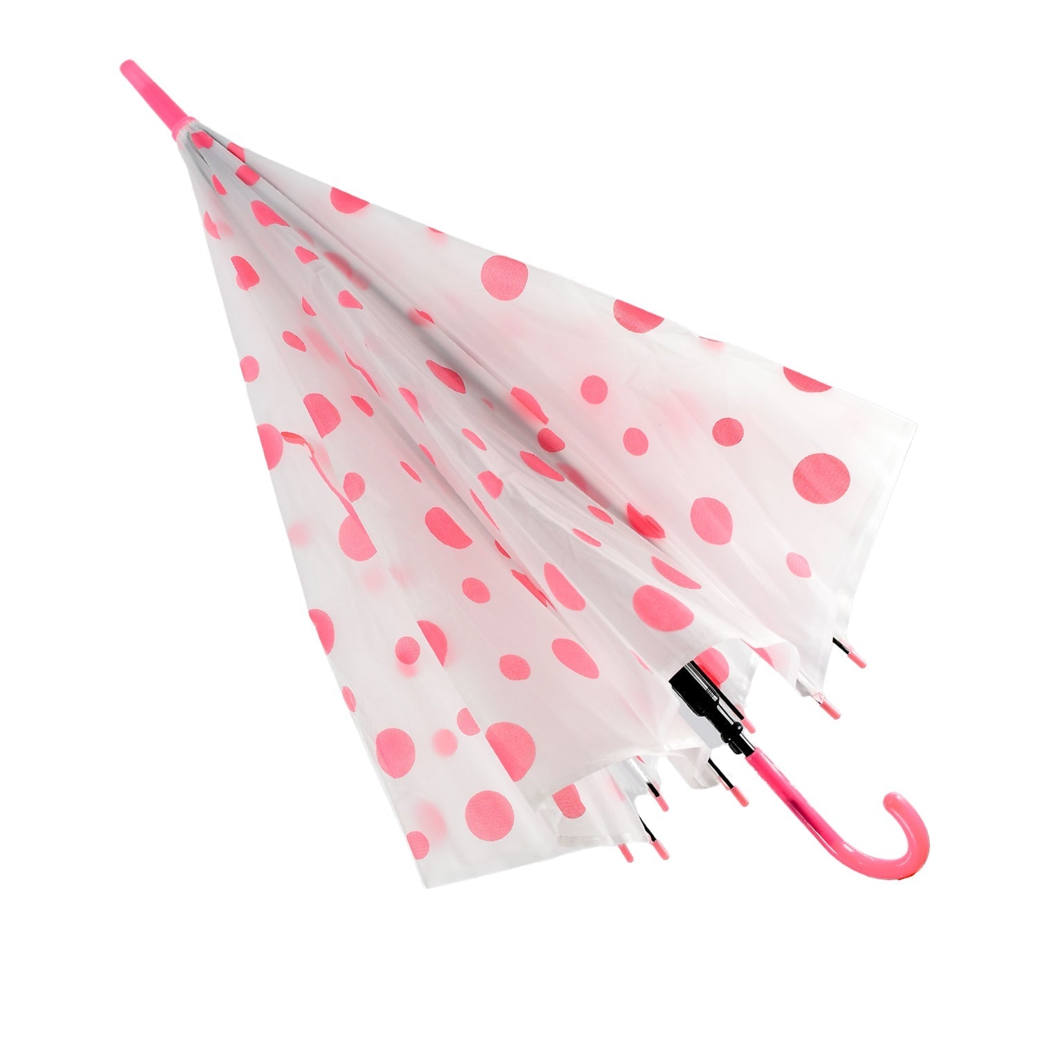 A partially closed white umbrella with pink polka dots and a pink handle is angled on a white background.