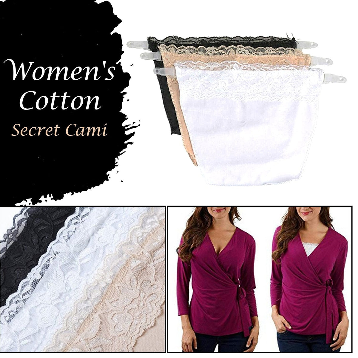 Three camisoles, a close-up of the lace, and two images of a woman wearing a purple top with and without a camisole.