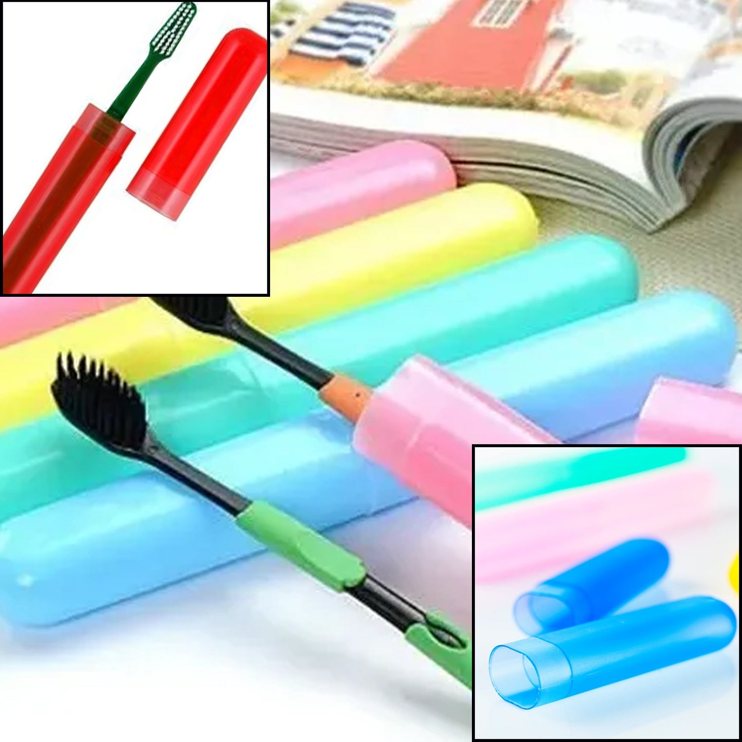 Assorted colorful toothbrush cases in pink, yellow, blue, and green, with close-ups of toothbrushes inside red and pink
