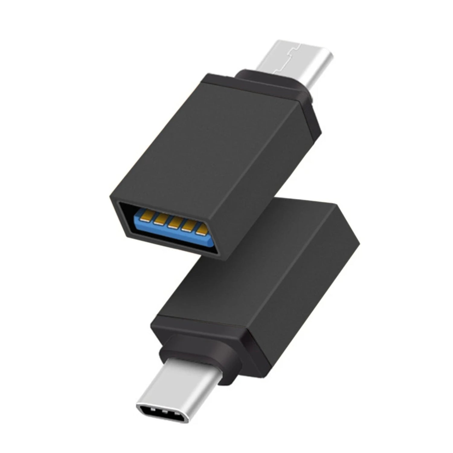 Two black USB-C to USB 3.0 OTG adapters are angled on a white background, highlighting both ends.
