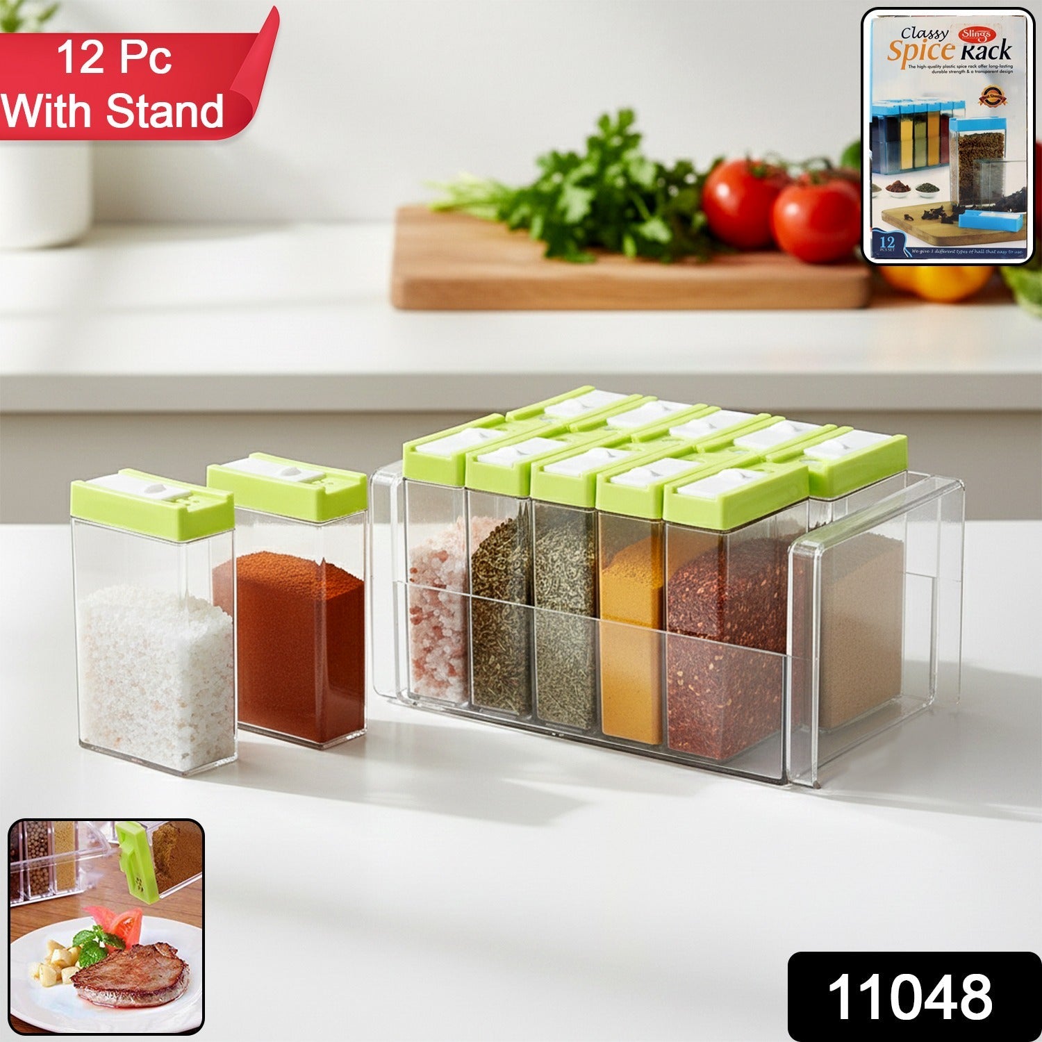 Top view of 12-piece clear spice containers arranged on a modular spice rack stand