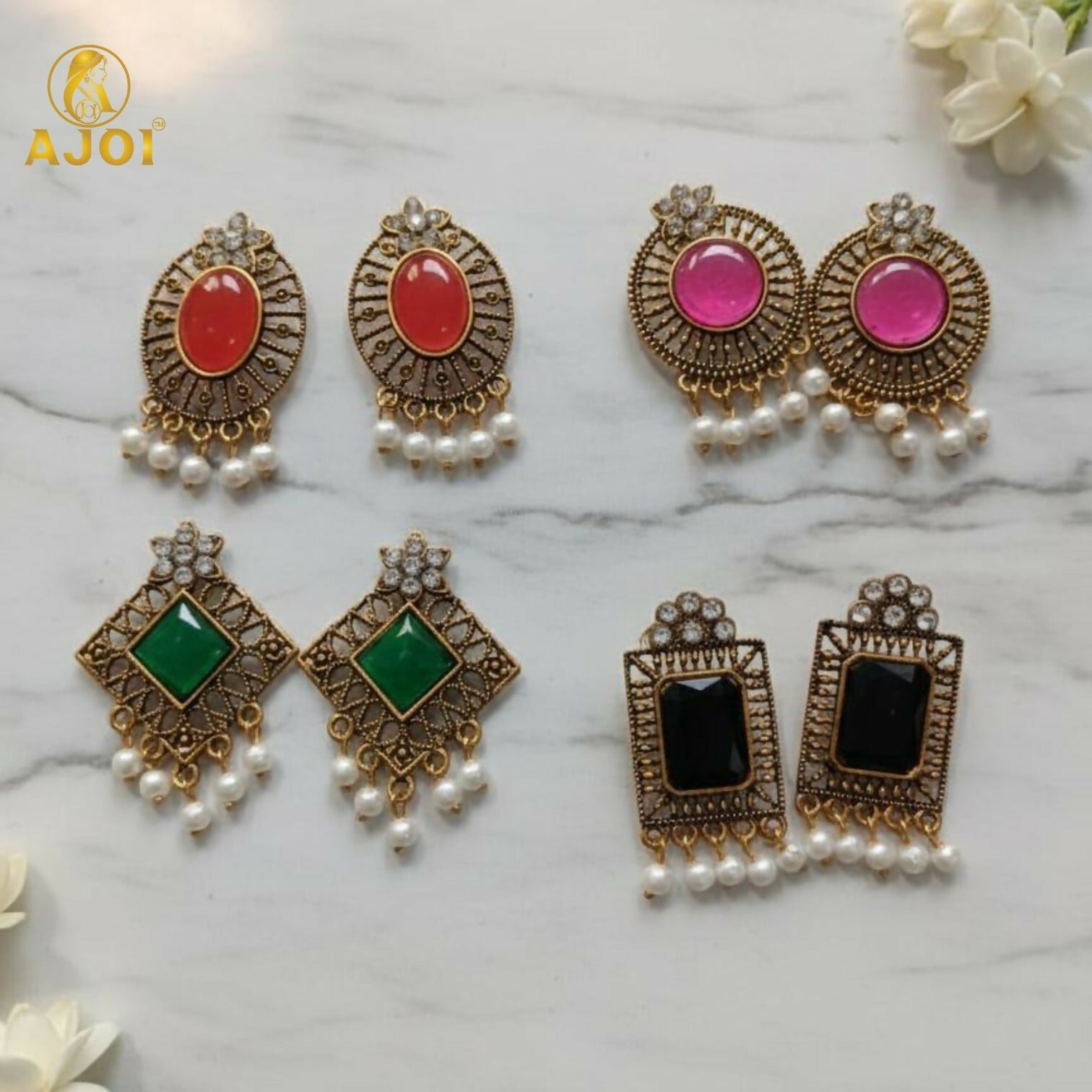 Royal Antique Stone & Pearl Drop Earrings Combo – 4 Designer Pairs