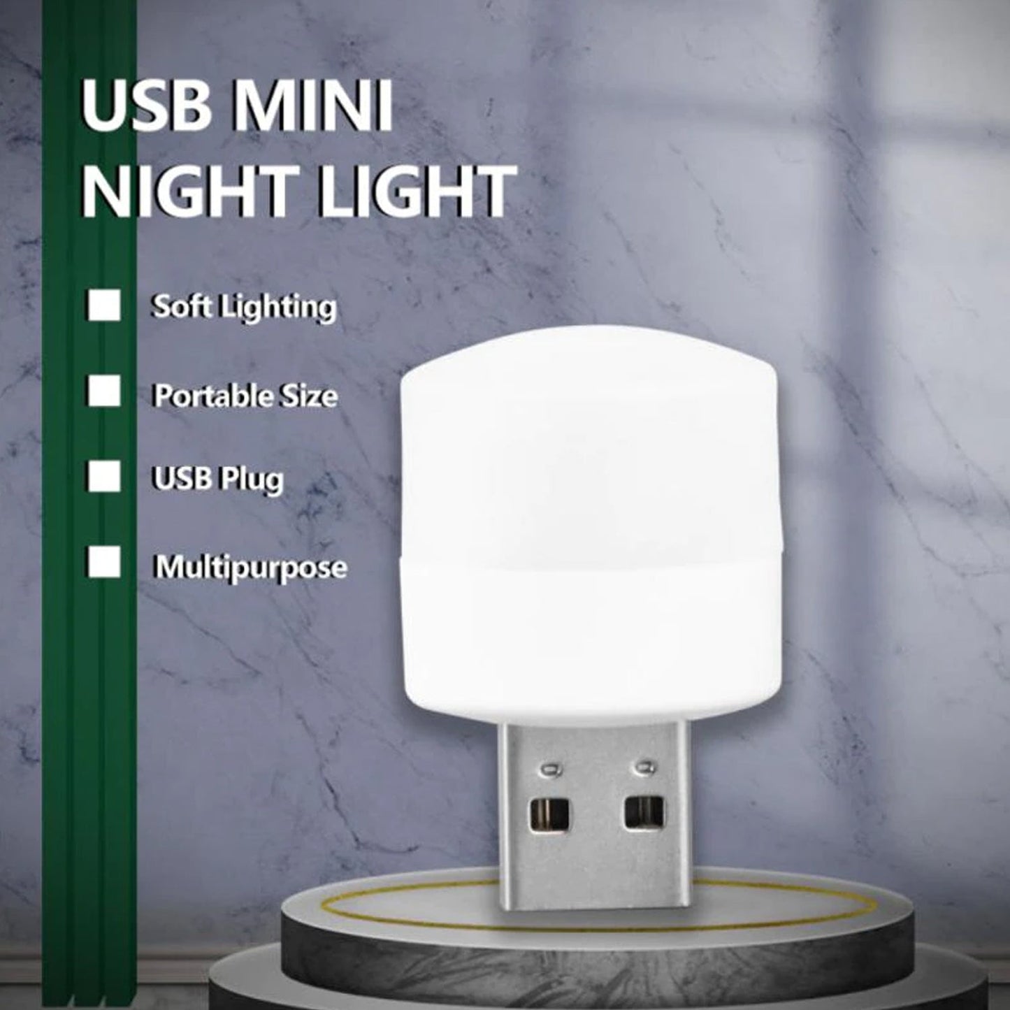 A white USB mini night light is displayed on a podium with text highlighting its soft lighting, portability, and USB plug.