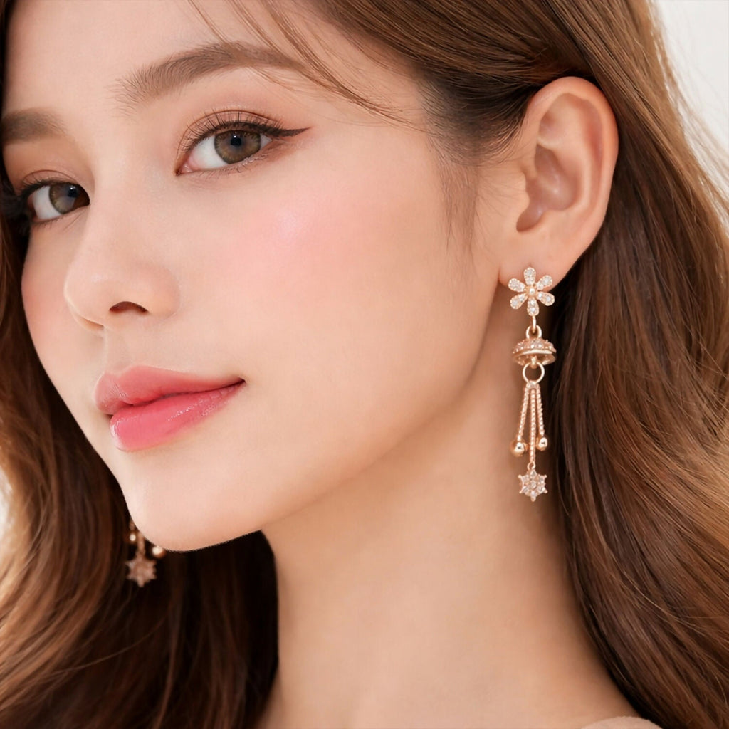 Sparkling Starburst Drop Earrings – Rose Gold Floral Dangles