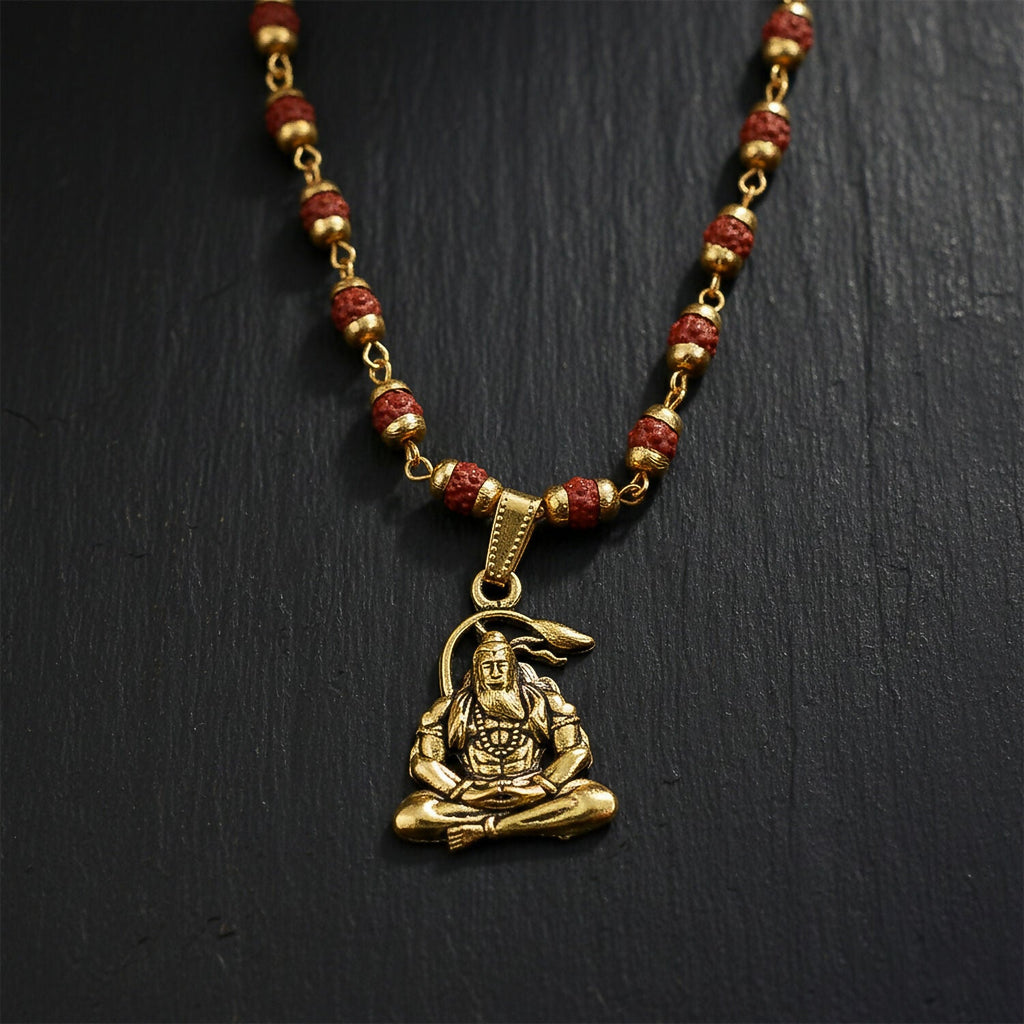 Hanuman Pendant Gold Plated & Rudraksha Bead Mala