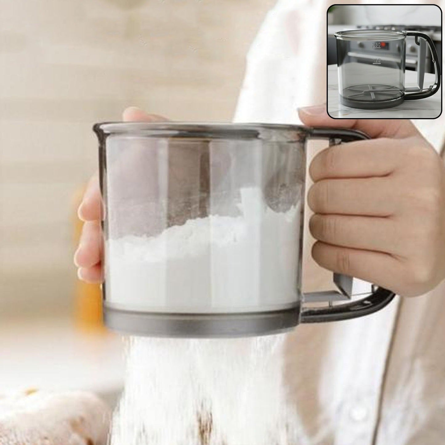 Plastic flour sieve cup with fine mesh filter for kitchen baking