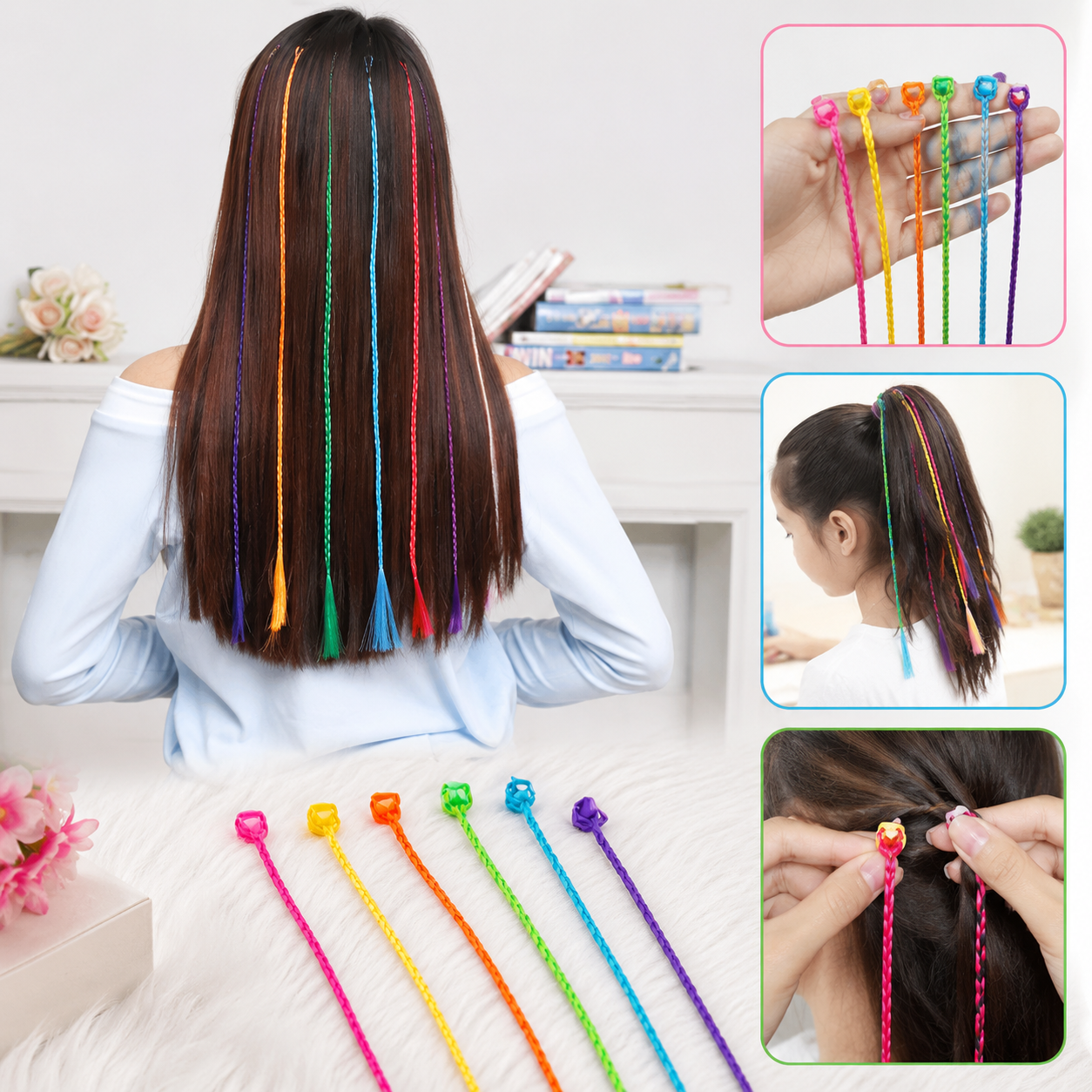 A woman with long brown hair wears multiple colorful braided hair extensions, with close-ups of application and clips.