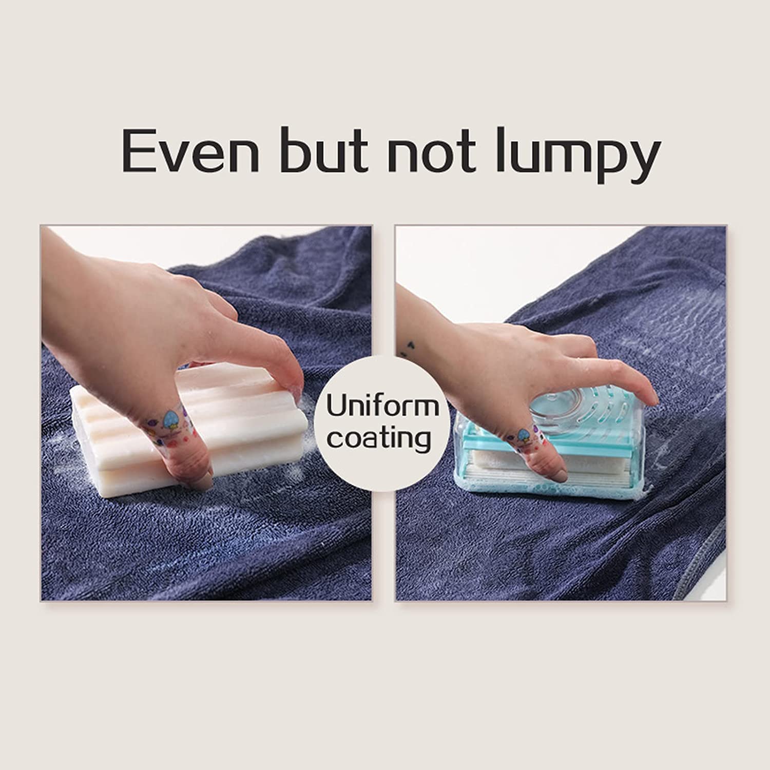 Two side-by-side images show a hand rubbing a bar of soap and the dispenser on a blue towel, illustrating uniform coating.