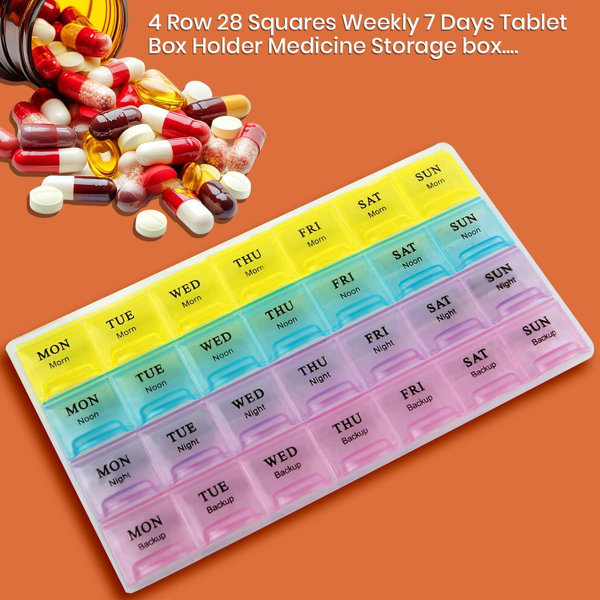 The rainbow-colored pill organizer on an orange background, with an overturned bottle spilling colorful pills in the corner.