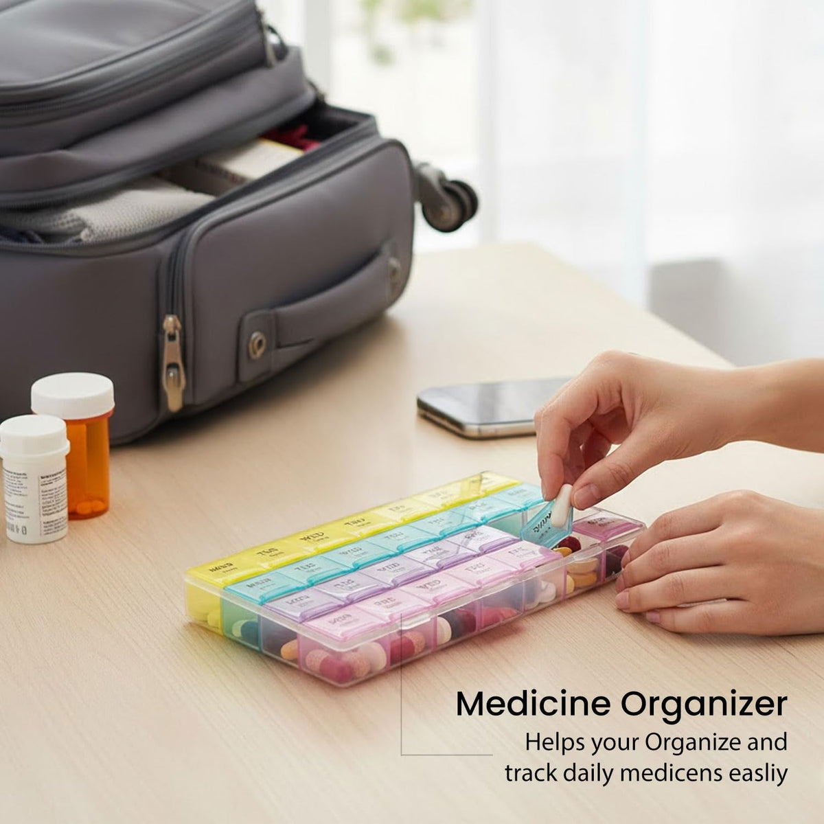 Hands place pills into the rainbow-colored organizer on a wooden table, with a travel bag in the background.