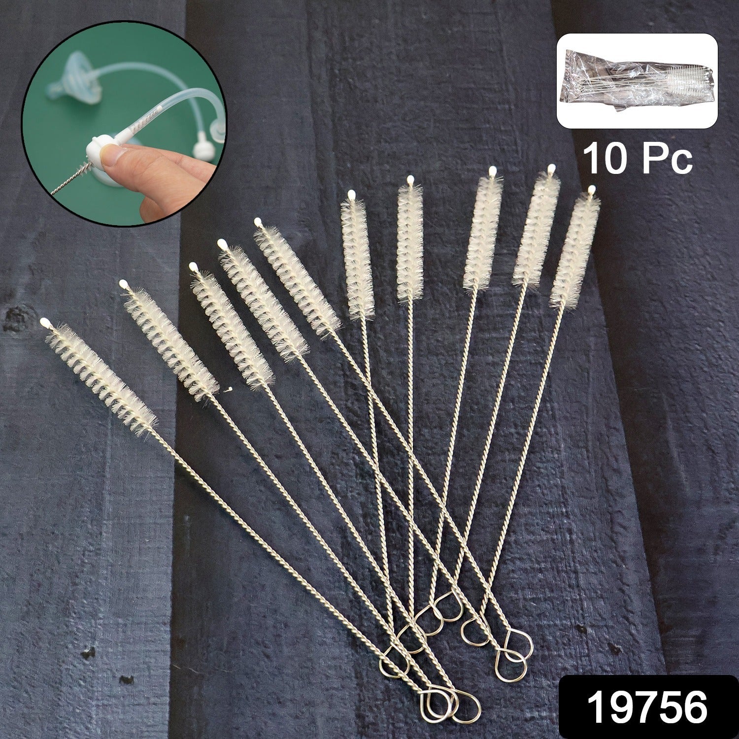 Close-up of flexible wire handle and nylon bristles on a straw cleaning brush