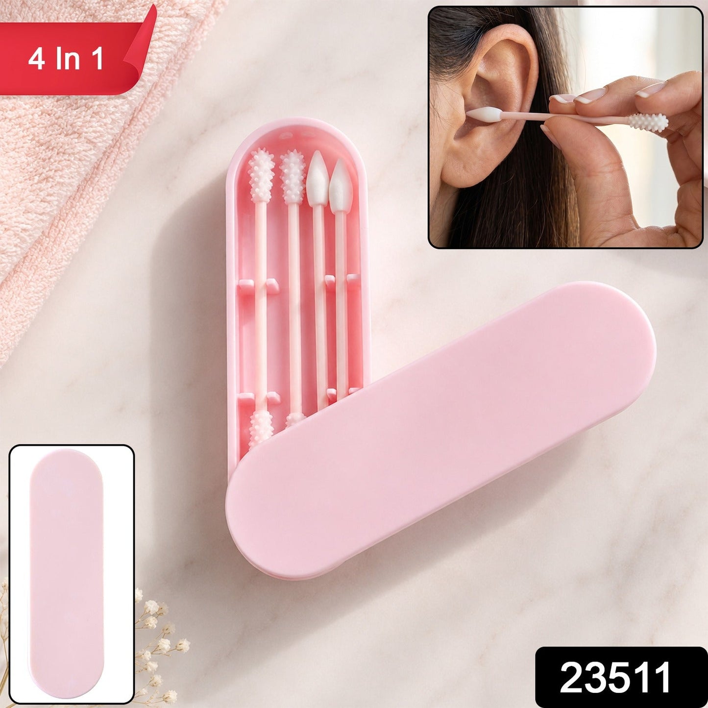 Pink reusable silicone ear swab set with four different tips in an open case, with a woman cleaning her ear in an inset, and