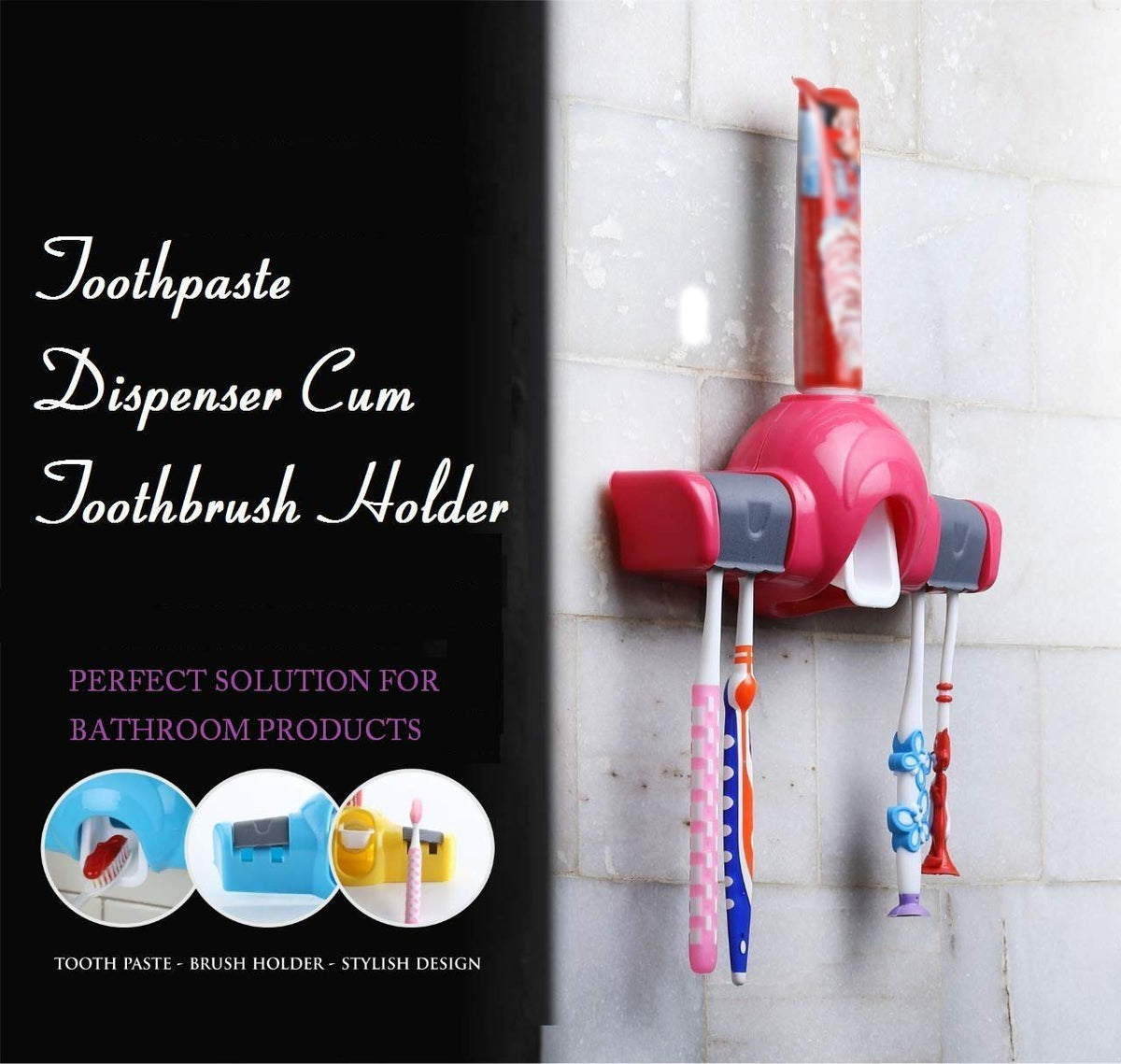 Pink and gray toothpaste dispenser mounted on a white tiled wall, holding a toothpaste tube and two toothbrushes, with