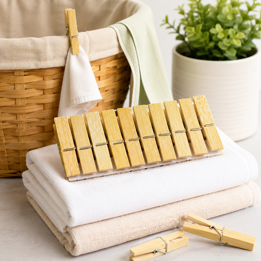 Ten bamboo clothes pegs resting on folded white and beige towels next to a laundry basket.