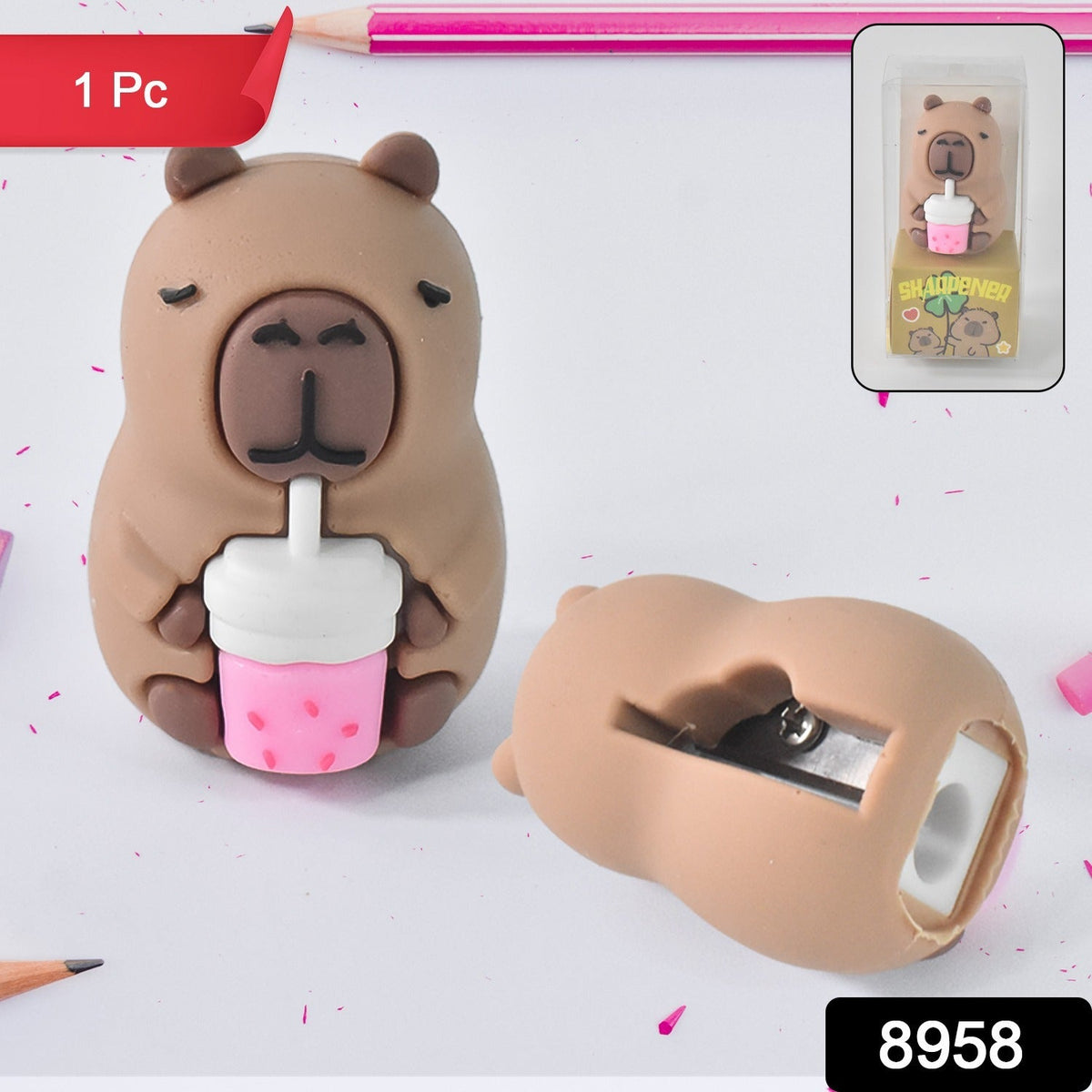 Two capybara pencil sharpeners, one facing forward with a pink drink and one showing the sharpener opening.