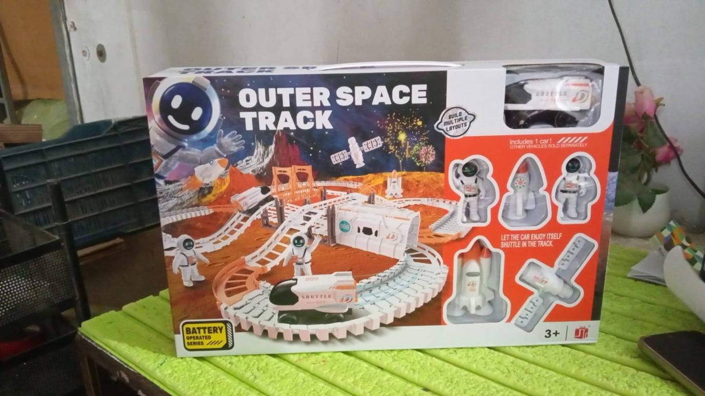 Packaging of the Space Race Track Set showcasing its key features.