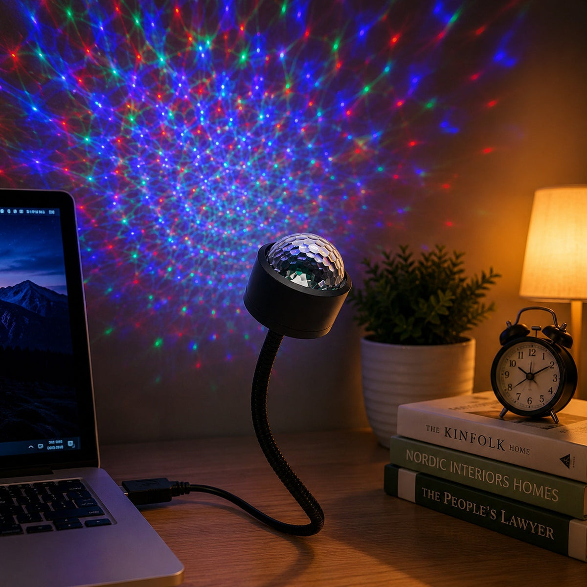 A black USB star projector with a clear disco ball top illuminates a wall with red, green, and blue lights.