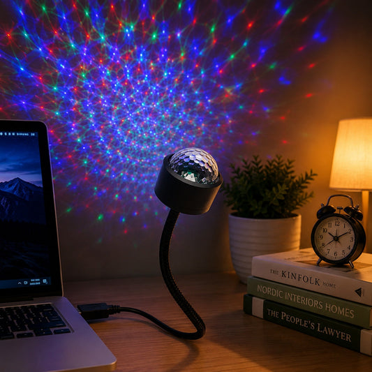 A black USB star projector with a clear disco ball top illuminates a wall with red, green, and blue lights.