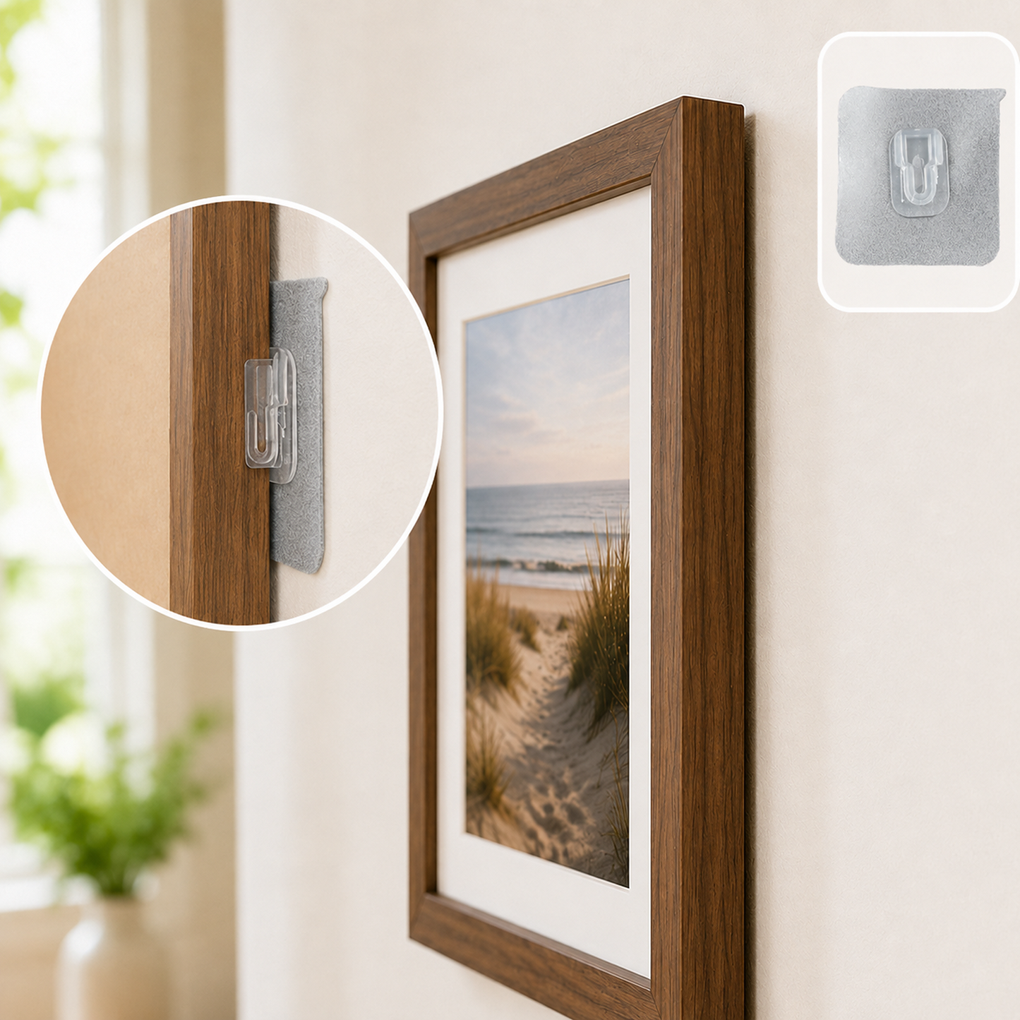A brown framed picture of a beach scene hangs on a wall, with a clear adhesive hook visible on the wall.