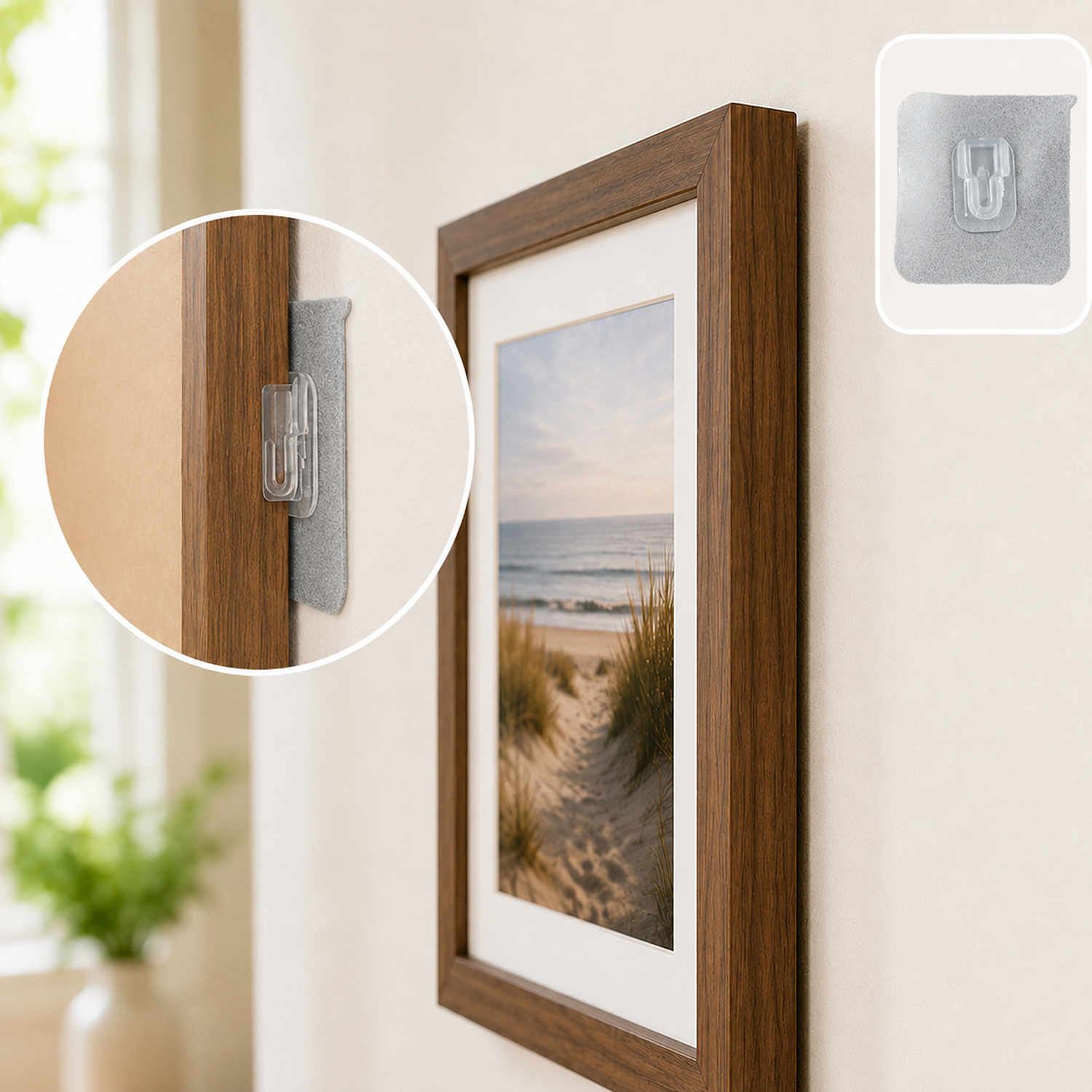 A brown framed picture of a beach scene hangs on a wall, with a clear adhesive hook visible on the wall.