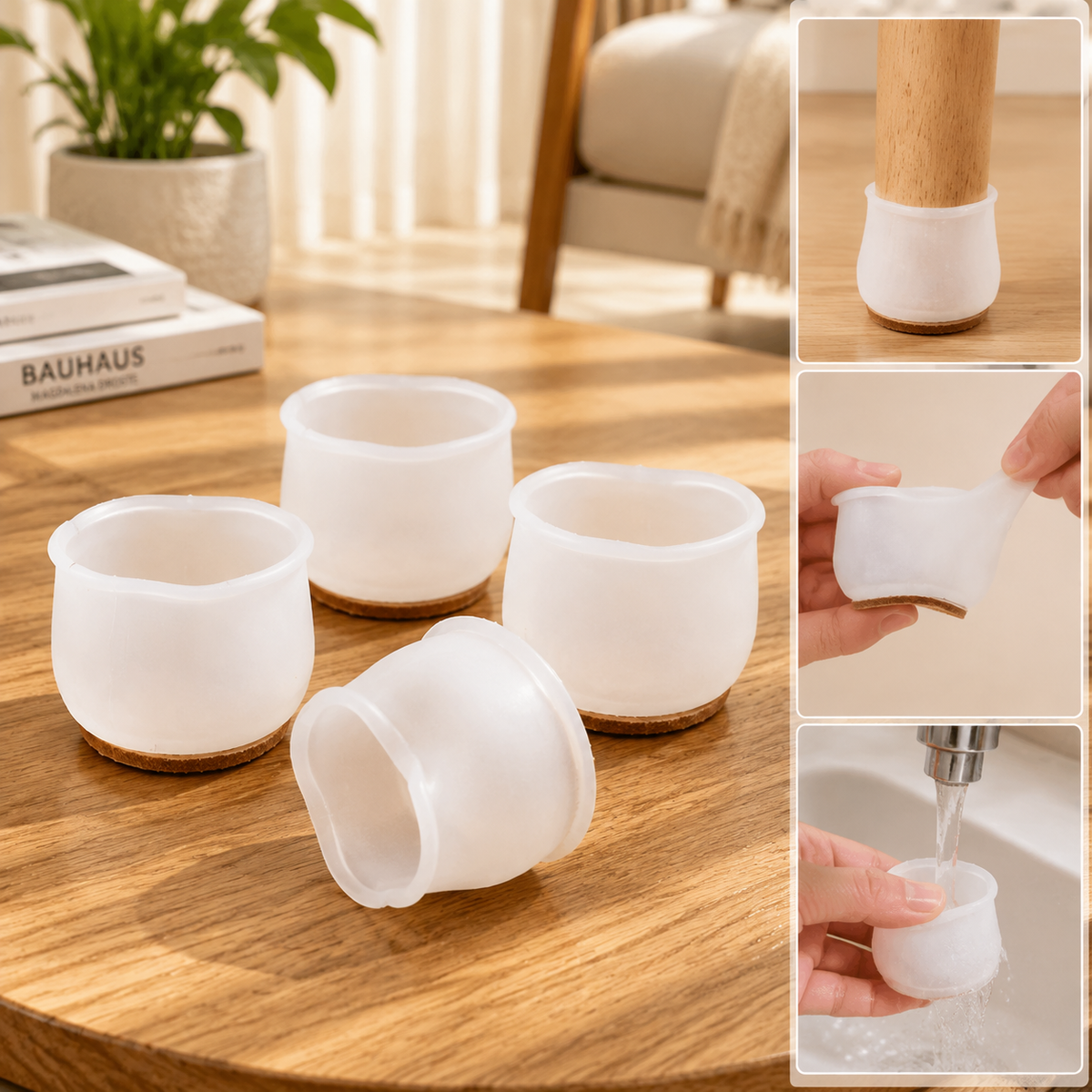 Four translucent silicone furniture leg protectors with felt bottoms on a wooden table, with close-ups of use.