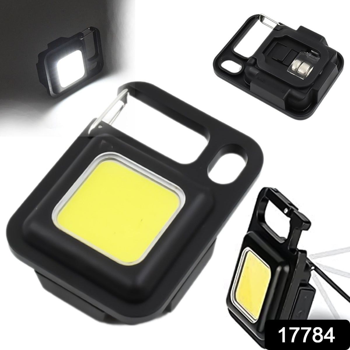 A collage showing the black mini LED flashlight from different angles, including its internal components and a side view.