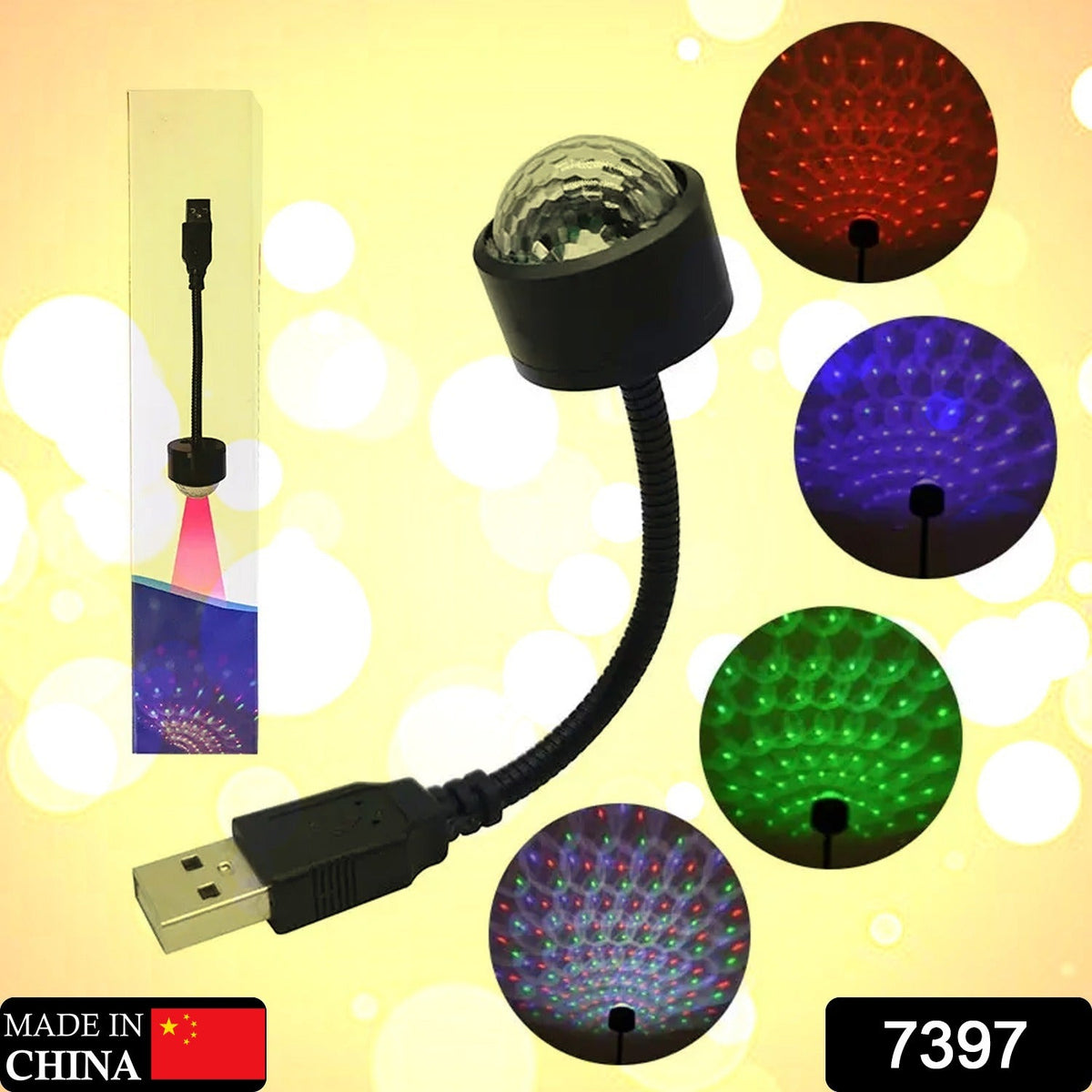 The black USB star projector is shown with four circular insets demonstrating red, blue, green, and multi-color light