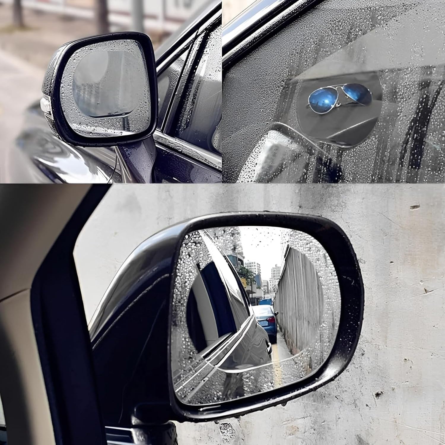 A four-panel image shows a car side view with water droplets, a small round anti-fog film with sunglasses, and a clear film.