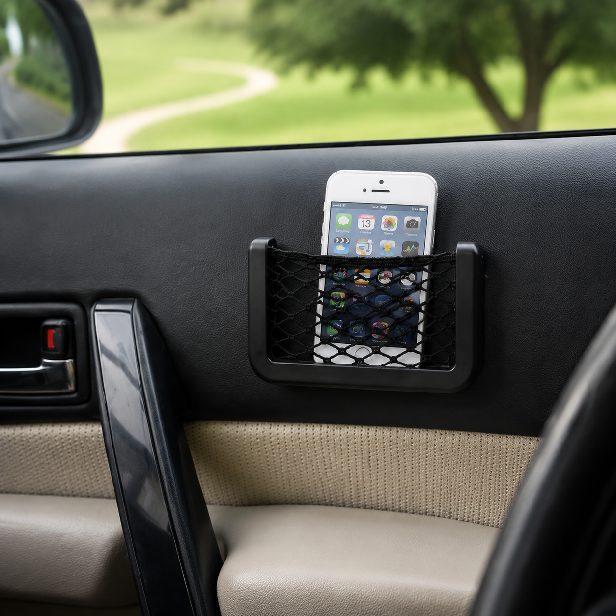 A black mesh car organizer holding a white smartphone, attached to a car door panel.