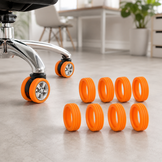 Eight orange silicone wheel covers on a light gray floor next to an office chair with two covers installed.