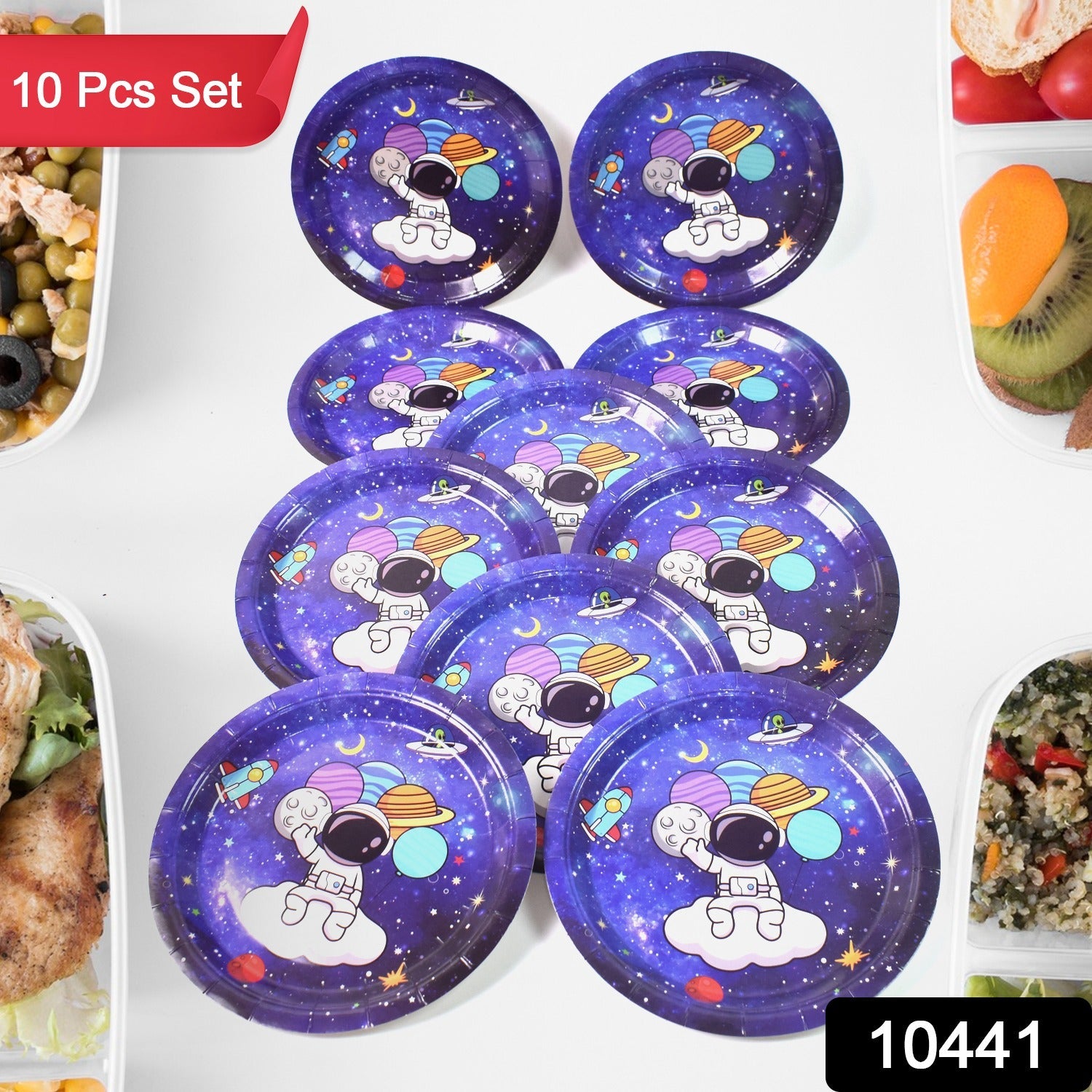 Ten purple paper plates featuring a cartoon astronaut holding planets, with food containers on the sides.