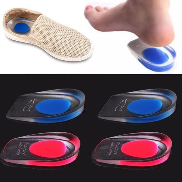 A collage shows a foot stepping onto a gel heel cup, a shoe with a cup, and four gel heel cups in blue and red.