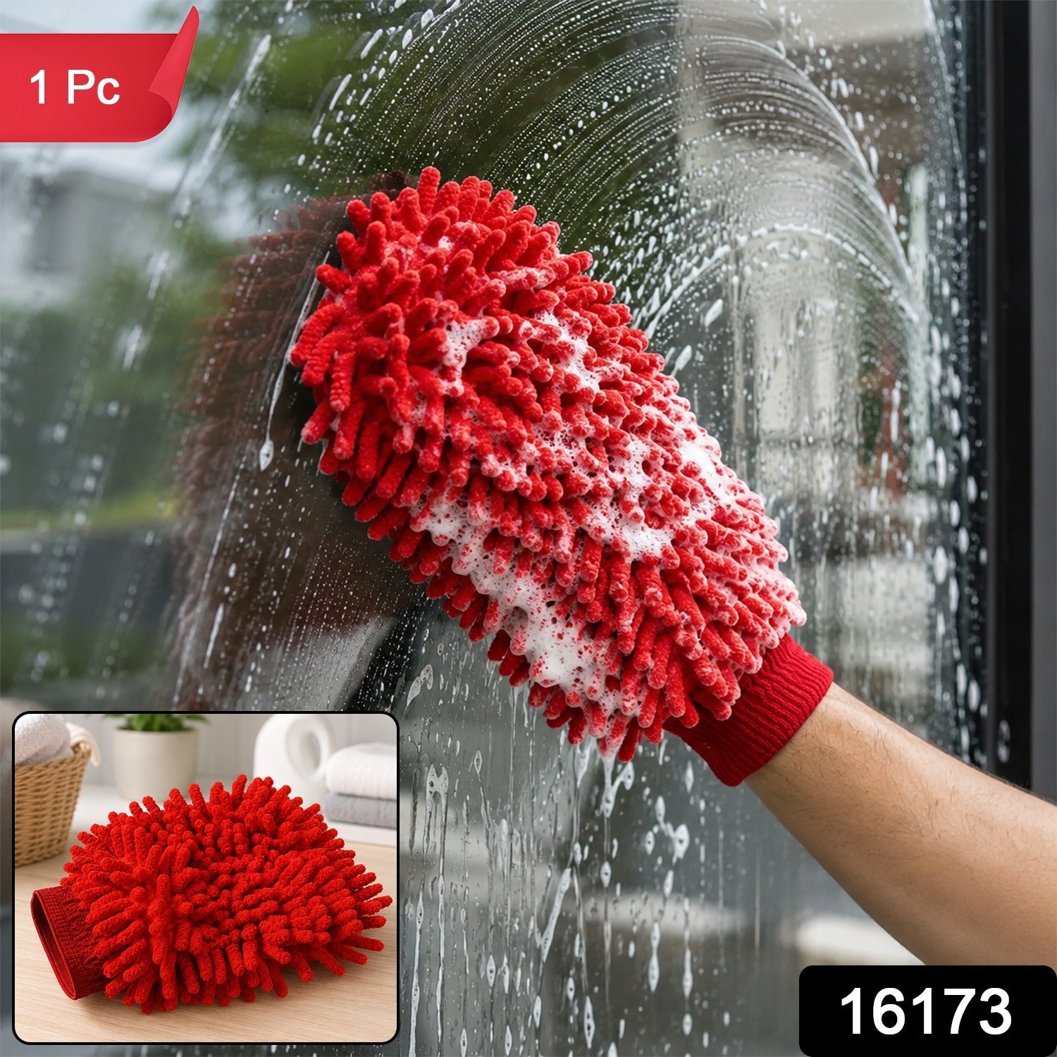 A hand wearing a red microfiber chenille wash glove cleans a window covered in white suds, with a smaller inset showing the
